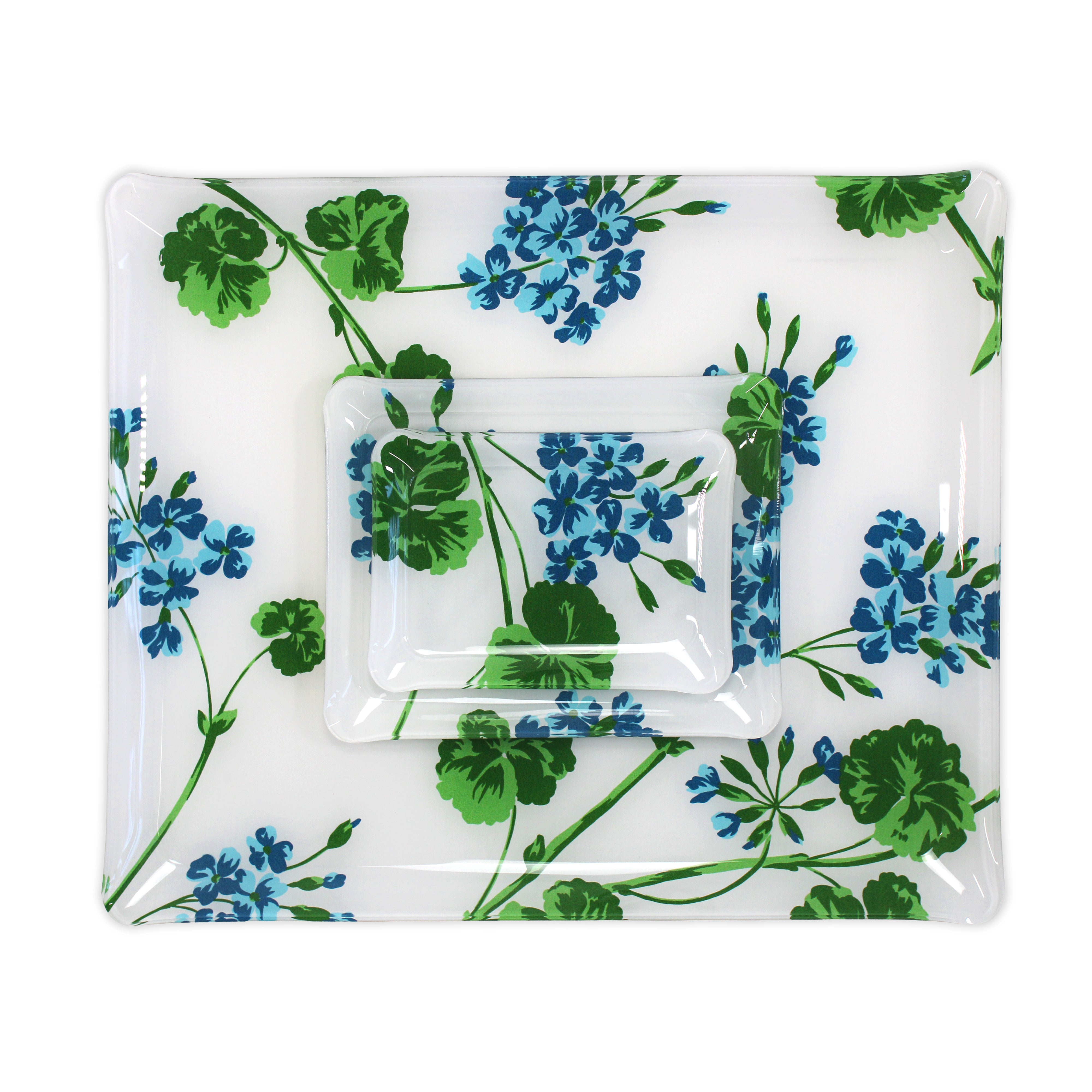 Printed Laminated Trays, group of all 3 trays, top to bottom: small, medium and large. Each tray in turquoise/blue florals with green leaves/stems, Geraniums print.