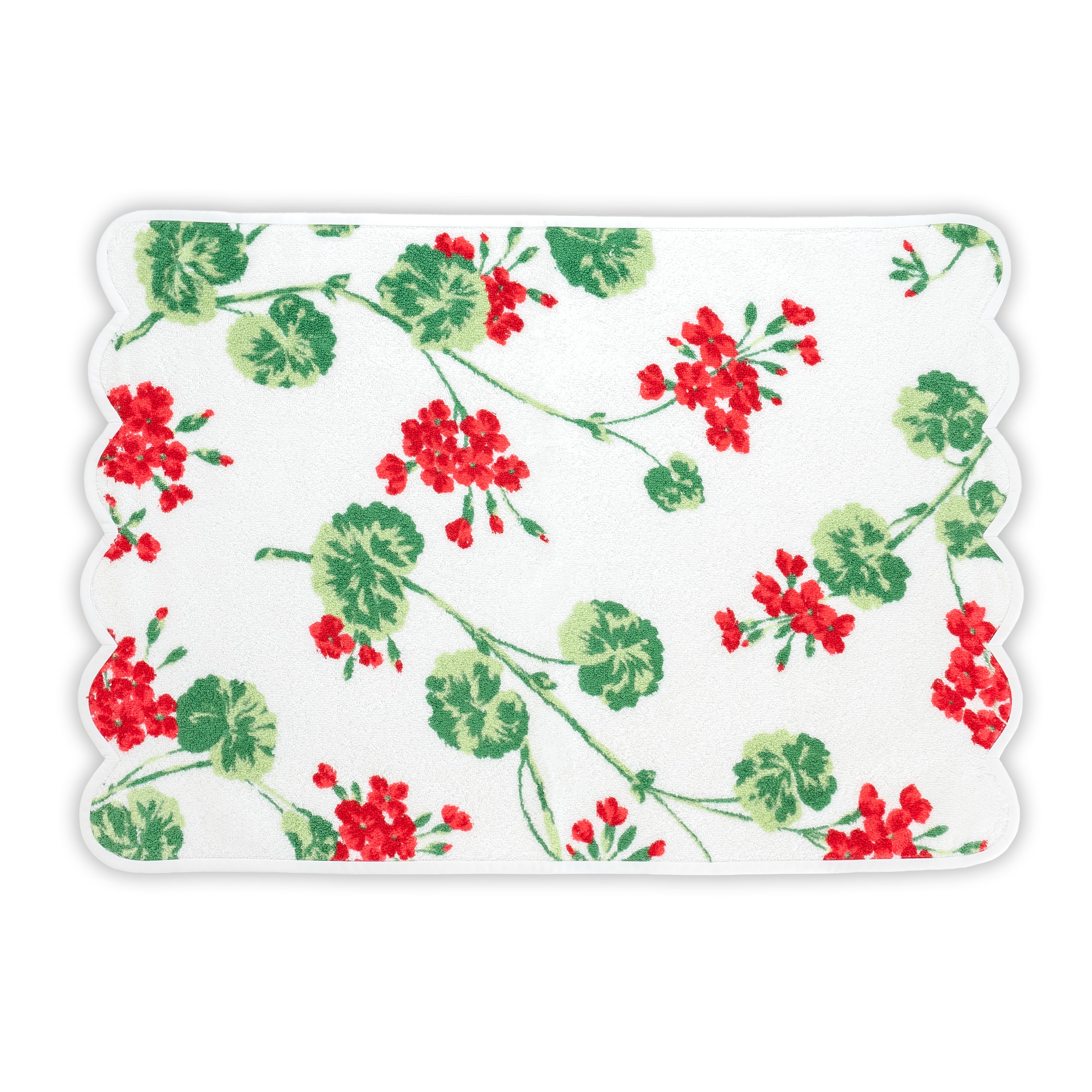 Hand Towel of floral Red Geraniums, with green stems and leaves.