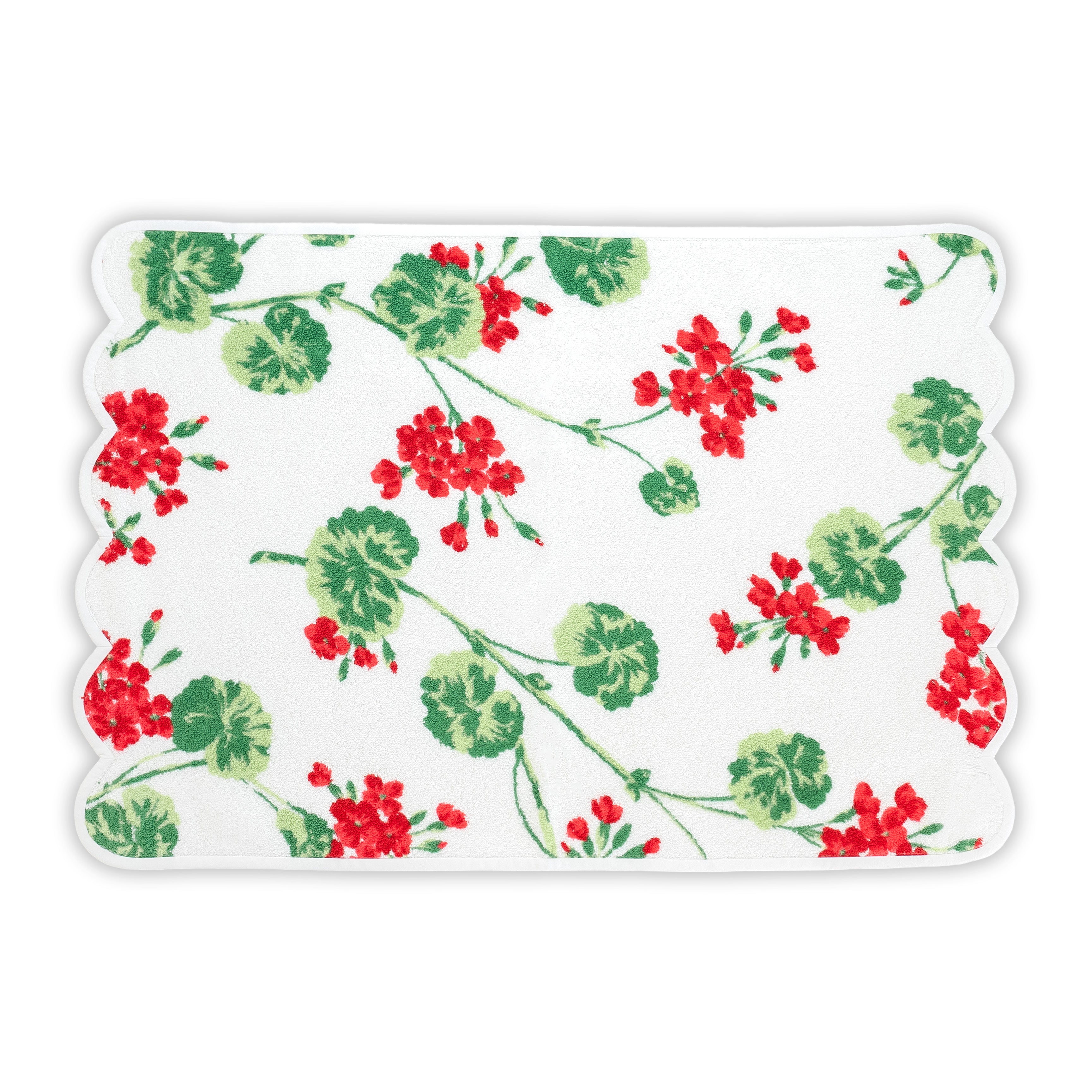White Hand towel with red and green floral print. Hand towel shows with a scallop white bias. On a white background.
