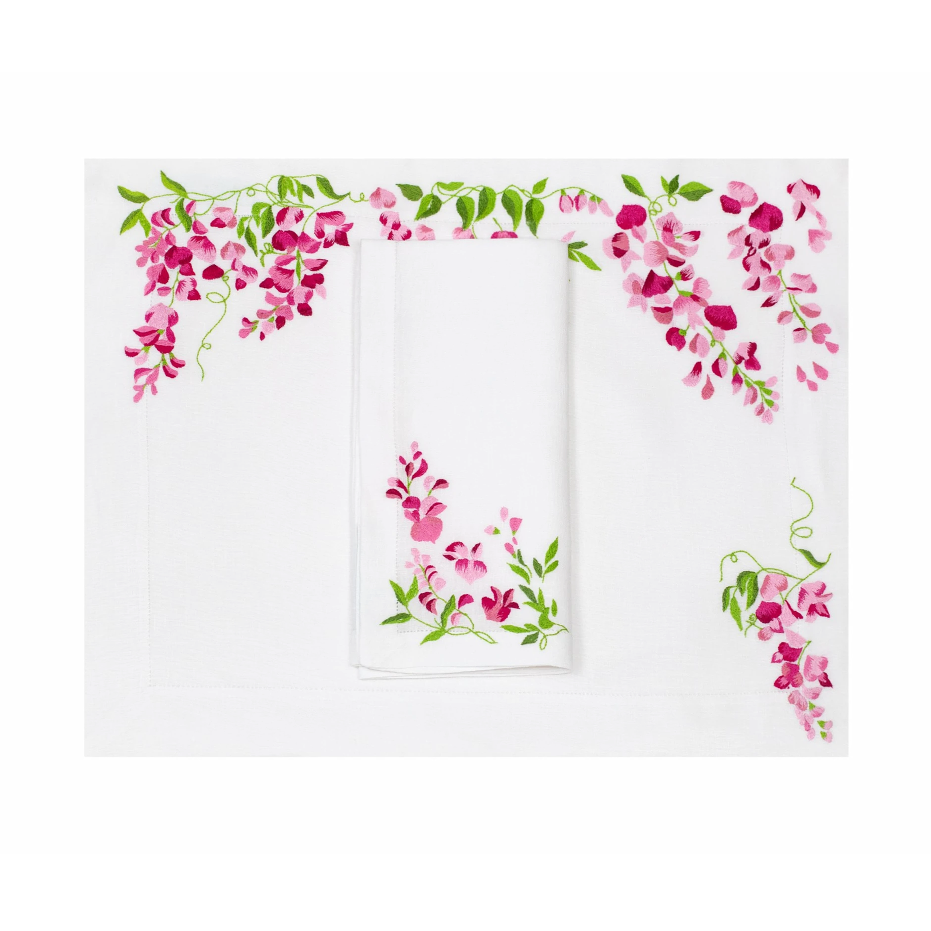 大豆粉色/绿色嵌入。餐垫/餐巾套装