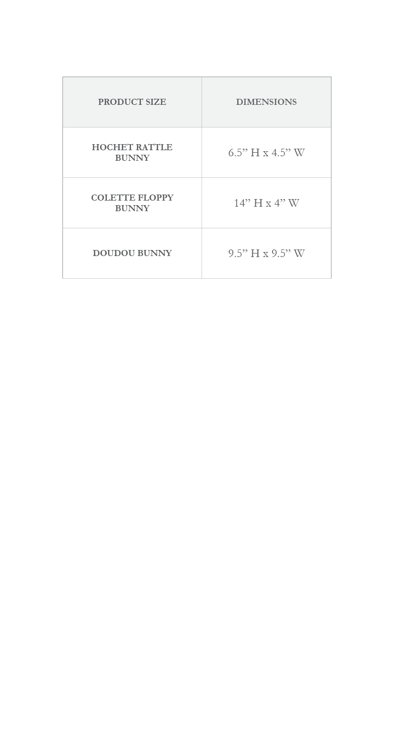 Size chart for hotchet,colette, & Doudou