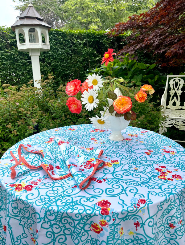 Fer Forgé Fleuri Turquoise/Red Printed Tablecloth