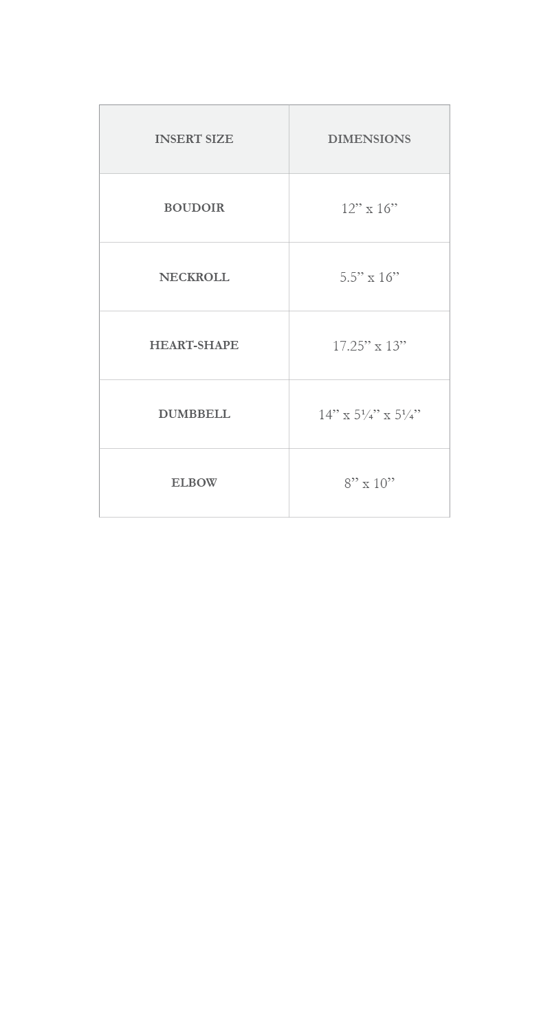 Size chart for pillow inserts