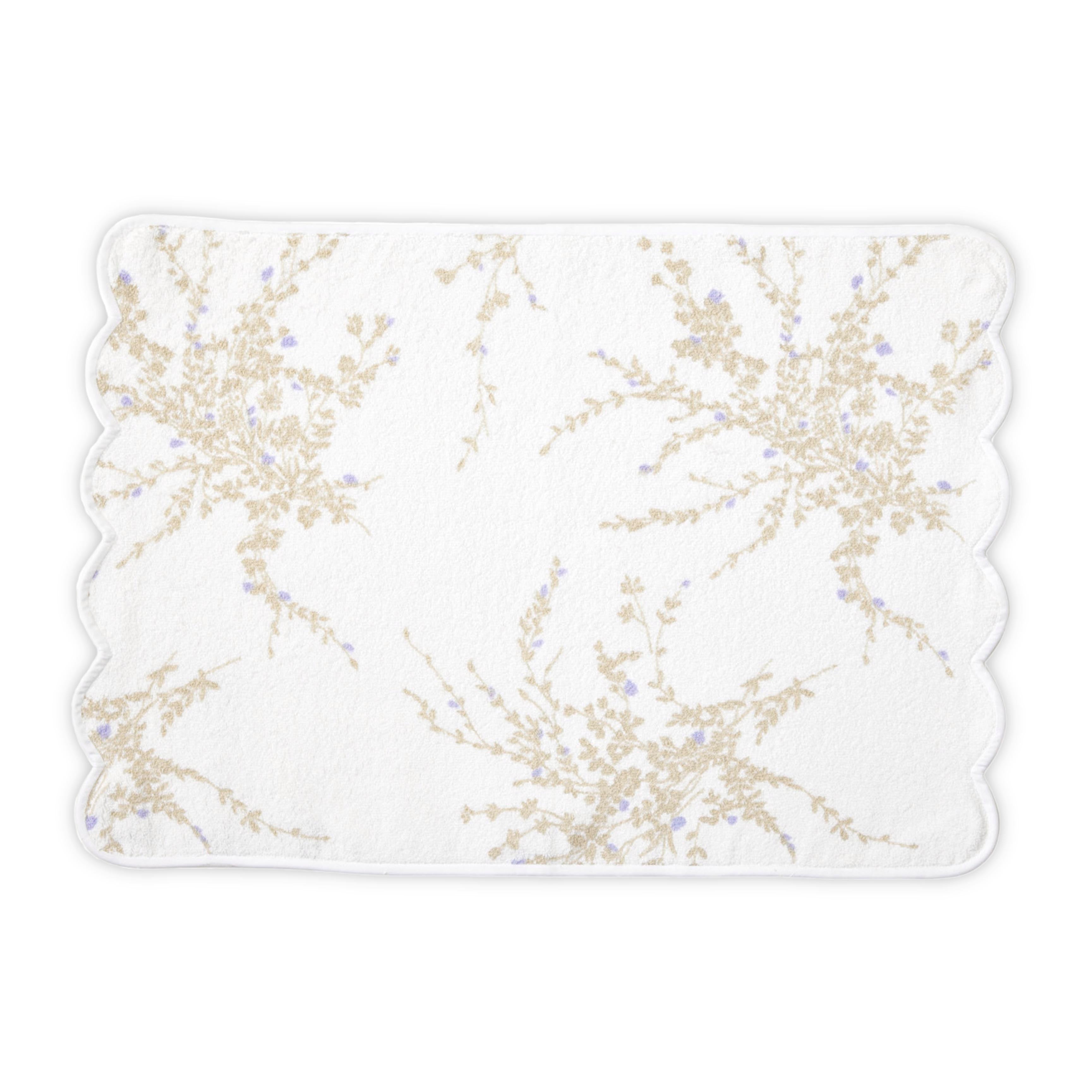 White Hand towel with taupe and violet floral print. Hand towel shows with a scallop white bias. On a white background.