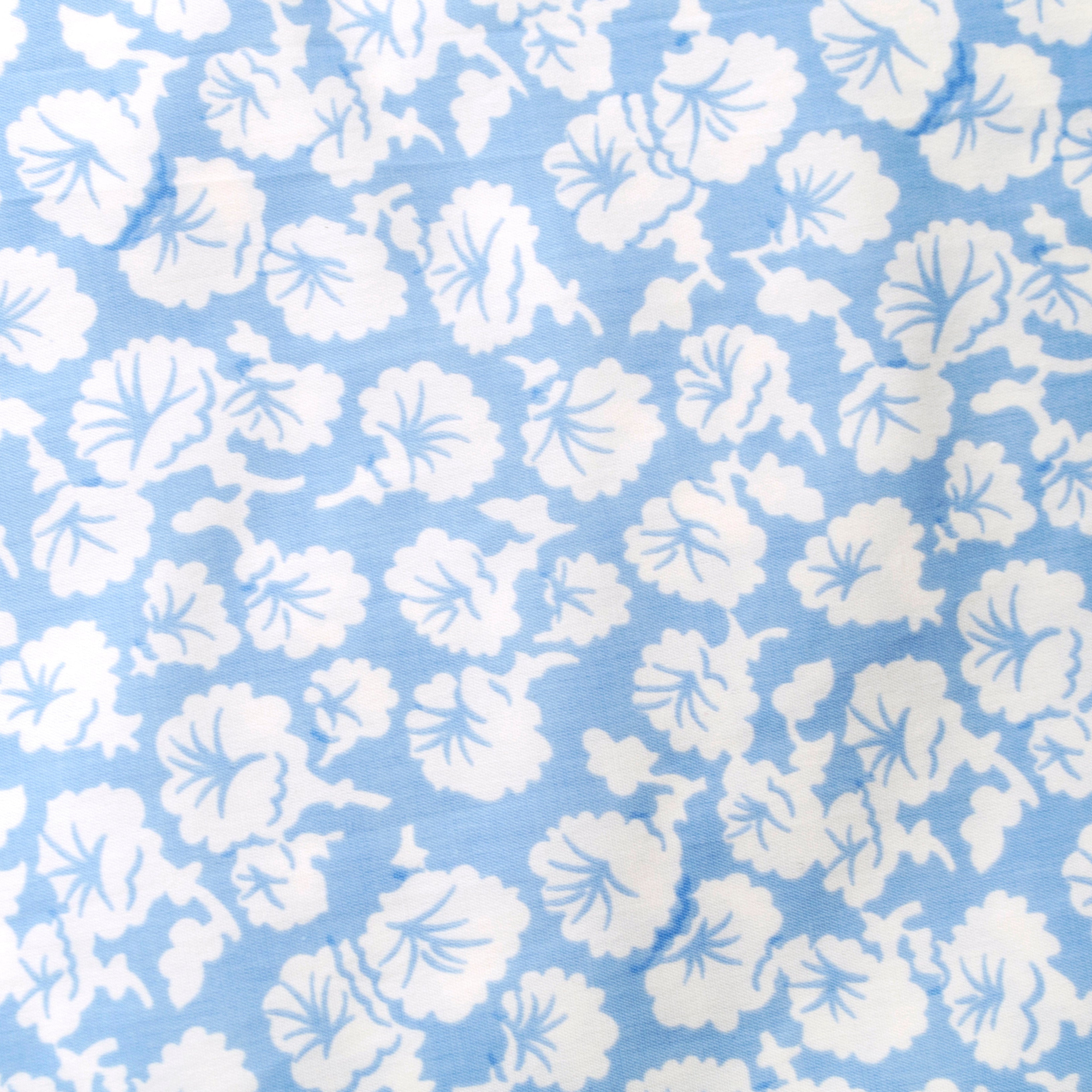 Close-up of a blue fitted crib sheet with a white floral pattern.