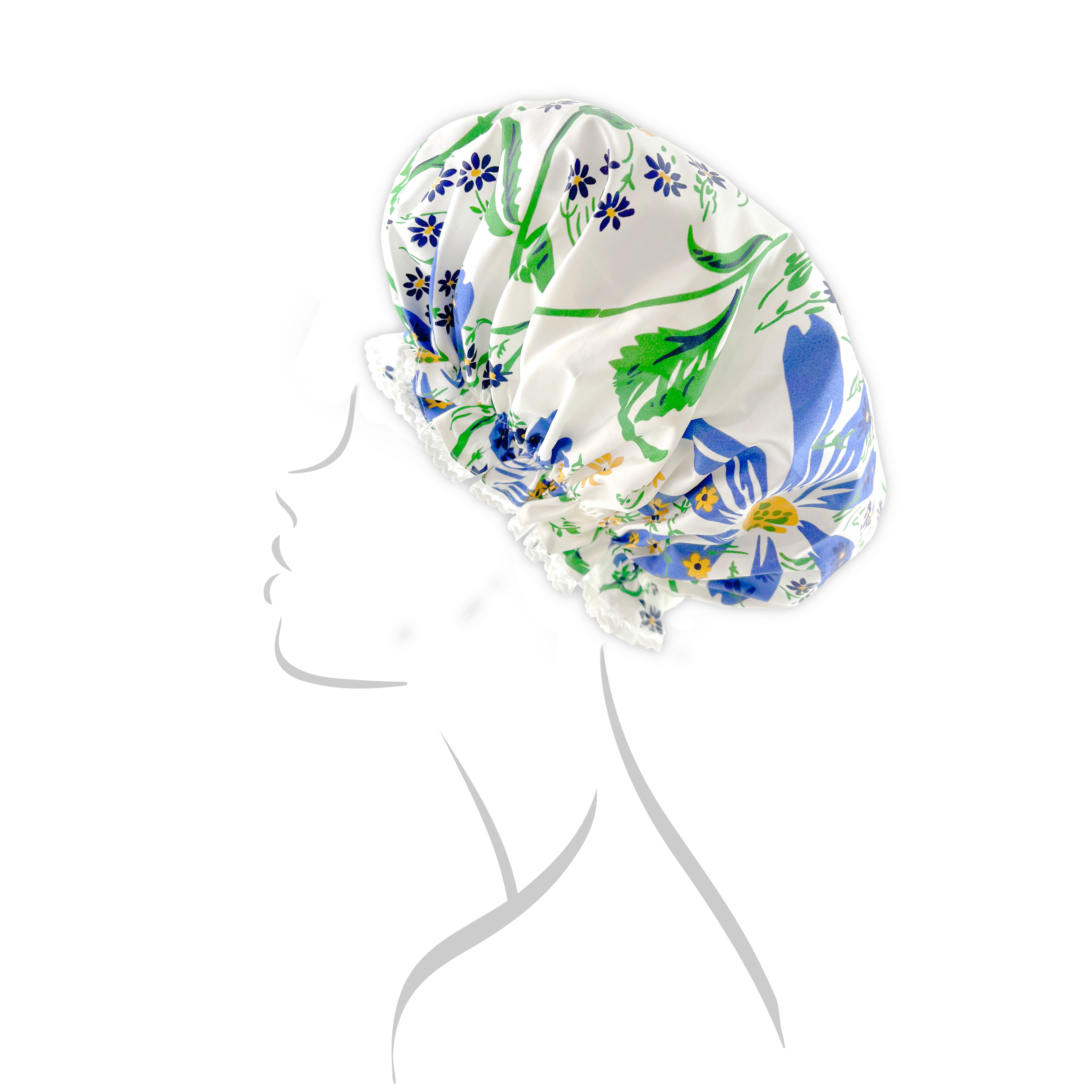 Blue and green floral-pattern on a shower cap, with white lace, shown on a line-drawing of a female figure