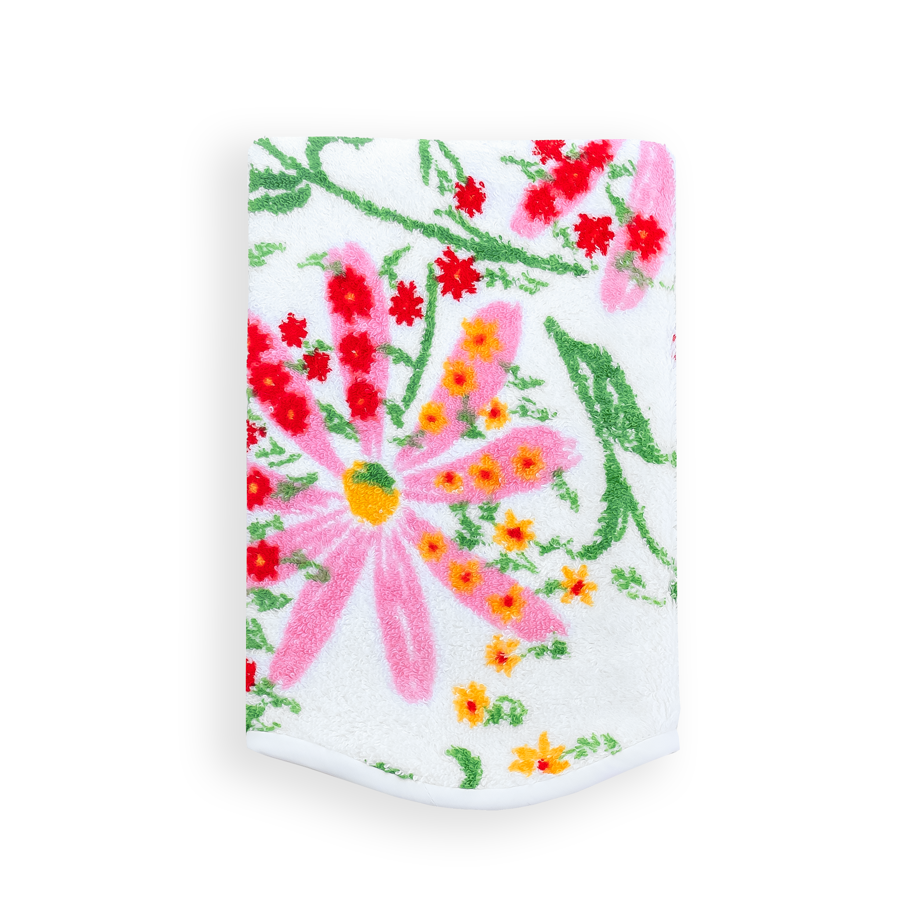 Soft white terry bath mitt featuring lush pink florals in marguerites, finished with a clean white bias edge.