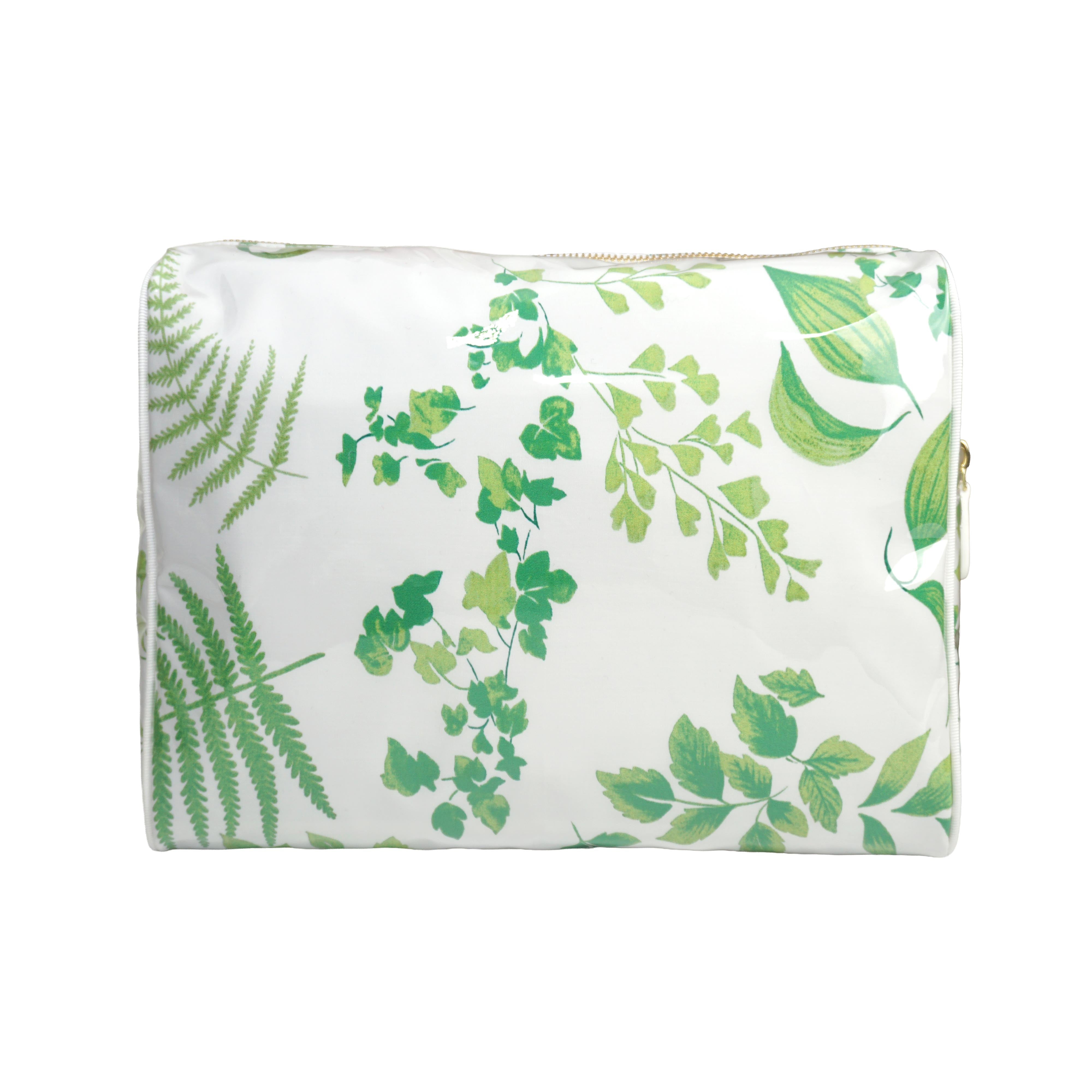 Large cosmetic bag featuring green hydrangea motifs in Mariage, with a brass zip closure along the top and an exterior front zip pocket.