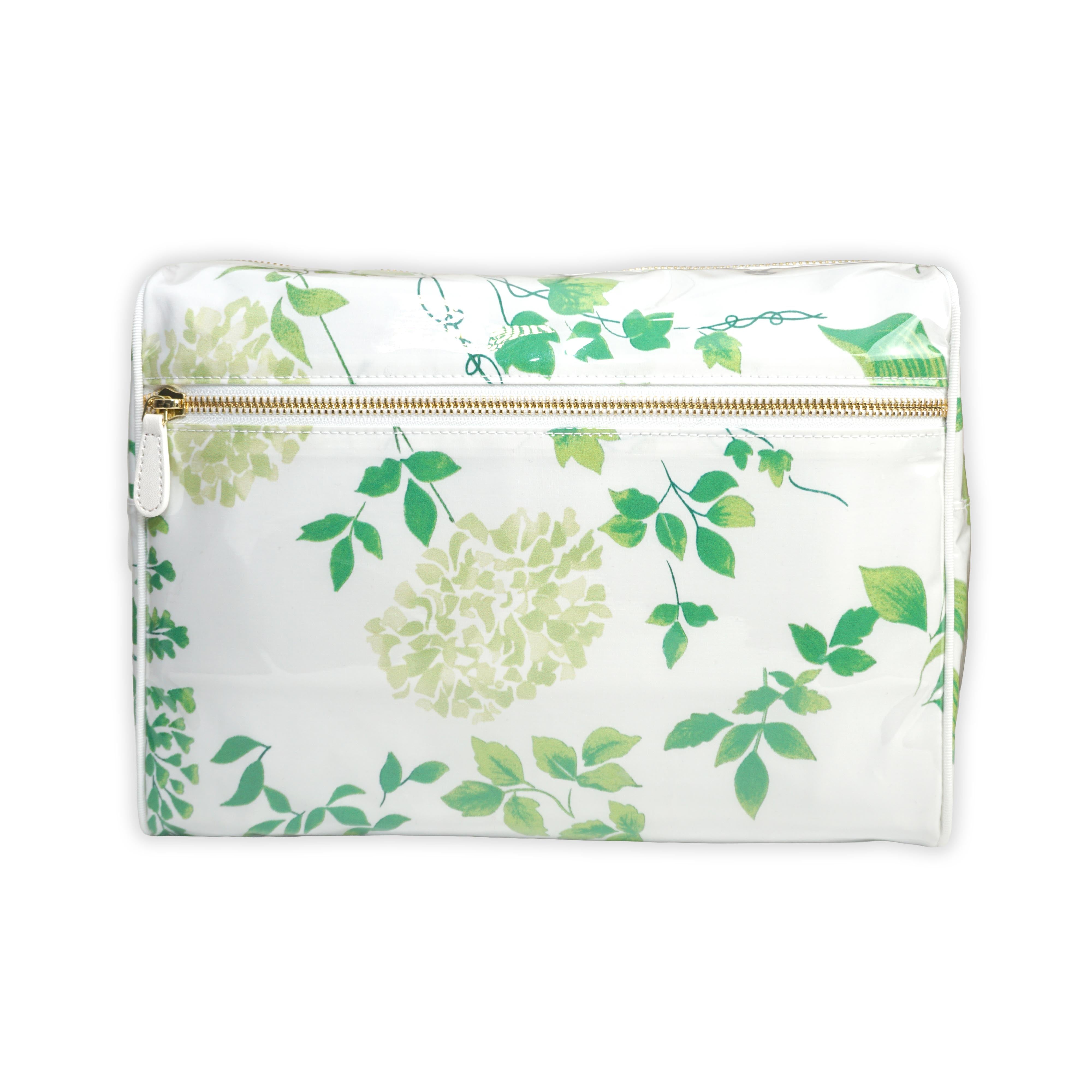 Large cosmetic bag featuring green hydrangea motifs in Mariage, with a brass zip closure along the top and an exterior front zip pocket.