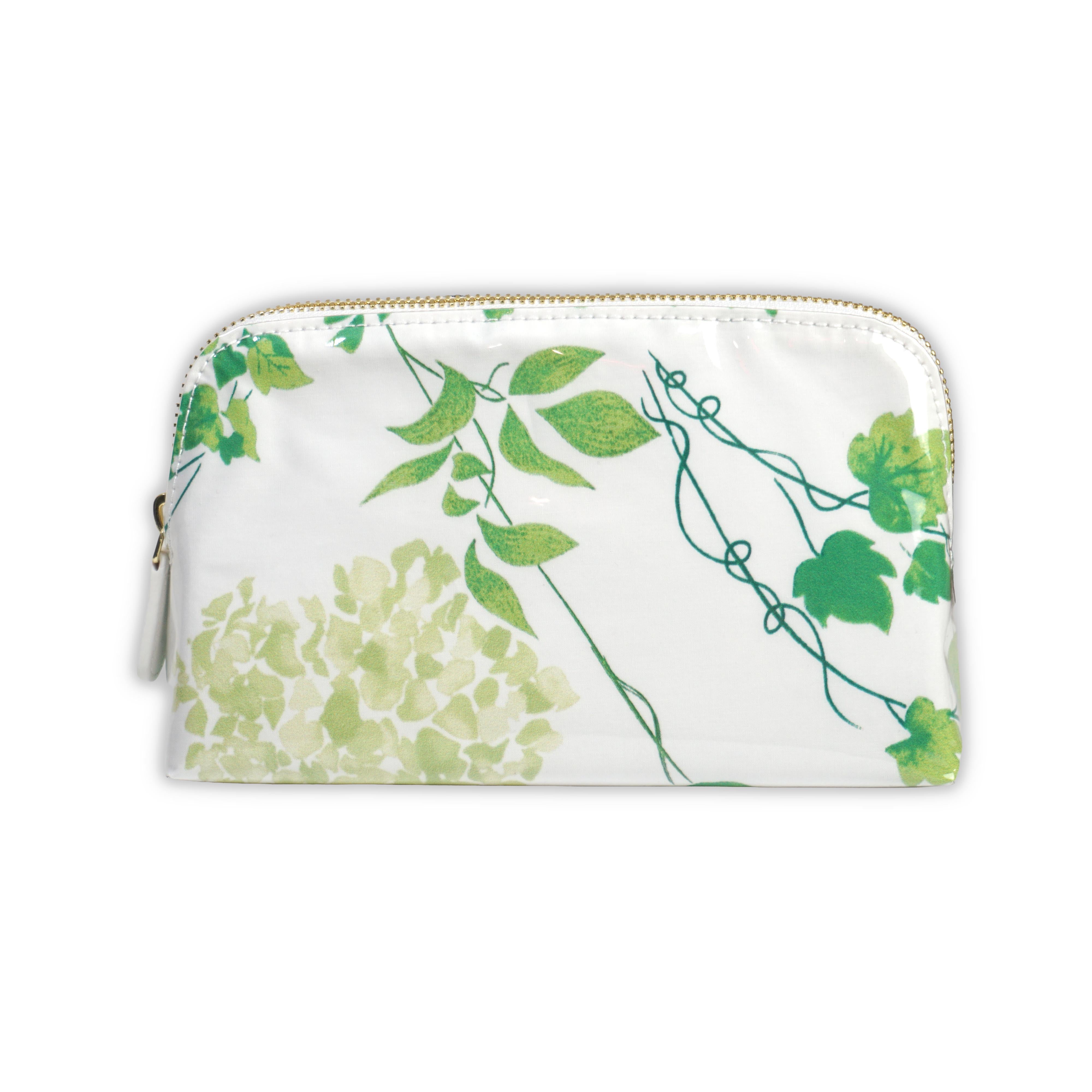 Small cosmetic pouch featuring green hydrangea motifs in Mariage, finished with a gold-tone brass zip closure.