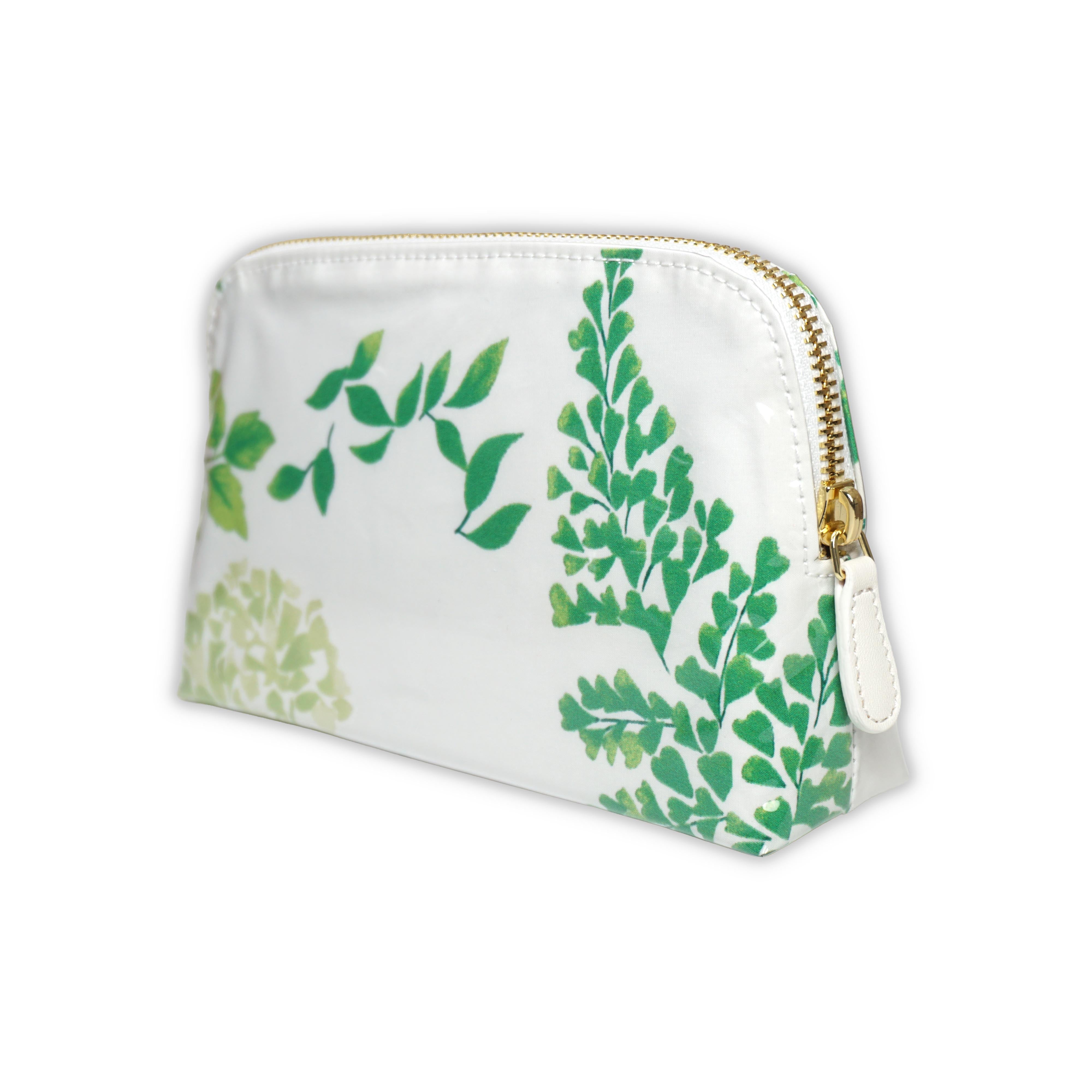 Small cosmetic pouch featuring green hydrangea motifs in Mariage, finished with a gold-tone brass zip closure.
