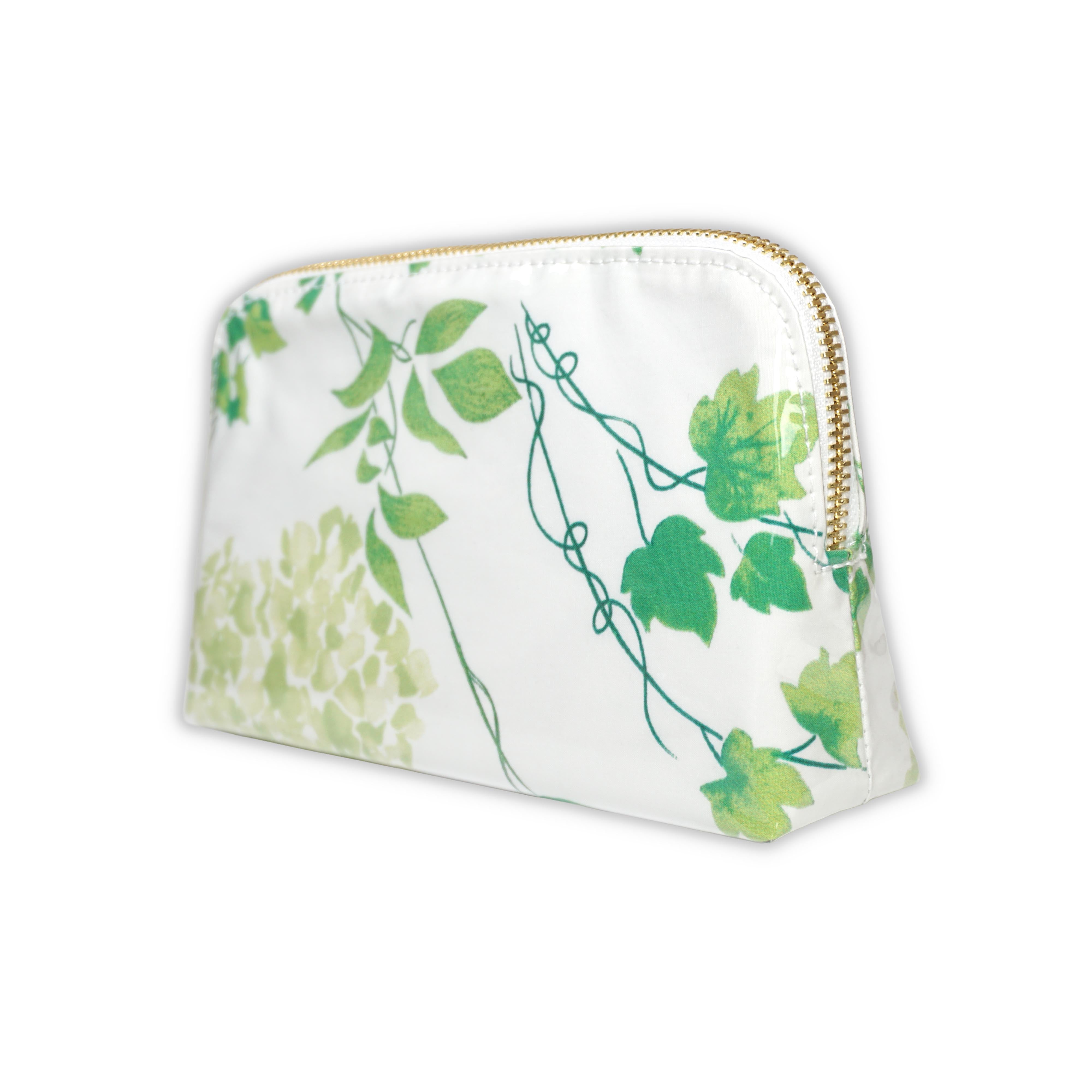 Small cosmetic pouch featuring green hydrangea motifs in Mariage, finished with a gold-tone brass zip closure.
