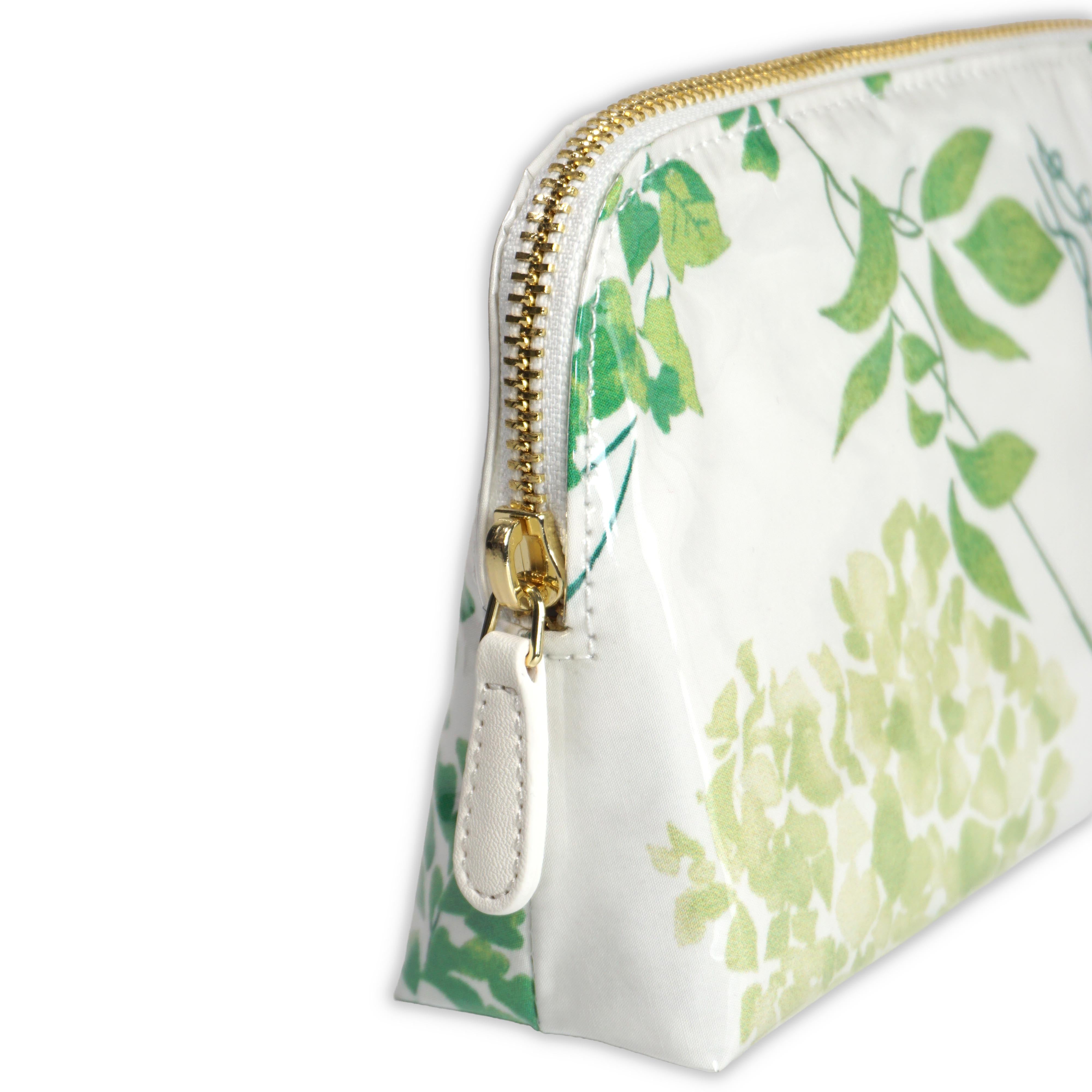 Small cosmetic pouch featuring green hydrangea motifs in Mariage, finished with a gold-tone brass zip closure.