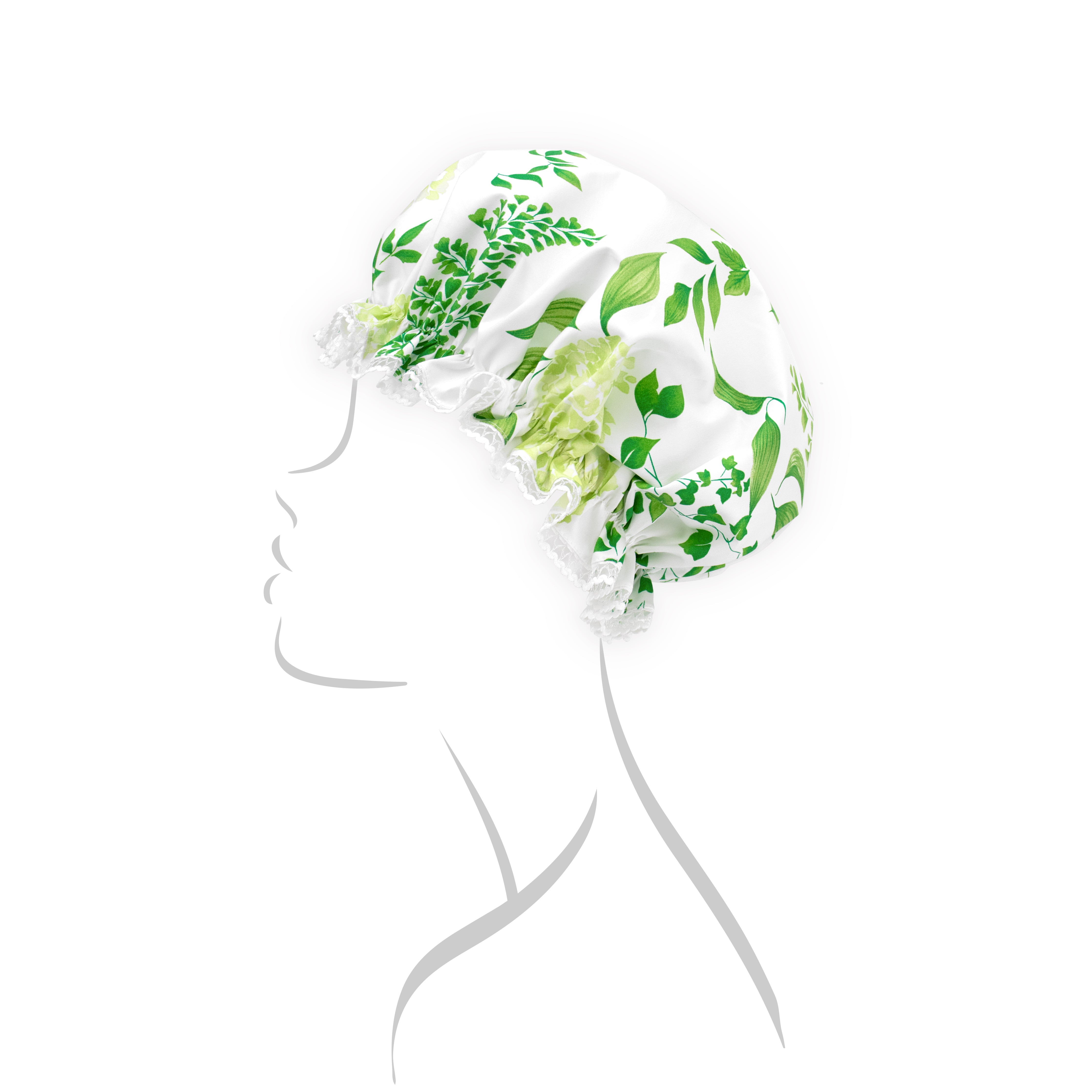 Green floral-pattern on a shower cap, with white lace, shown on a line-drawing of a female figure