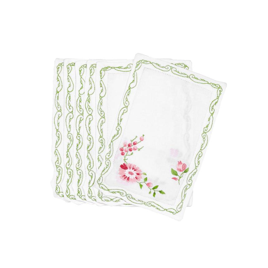 Mers de Chine Pink/Green Emb. Cocktail Napkin Sets