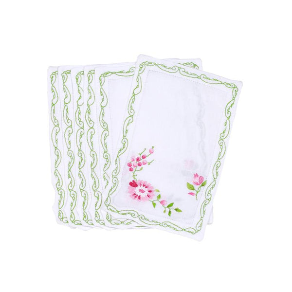 Mers de Chine Pink/Green Emb. Cocktail Napkin Sets