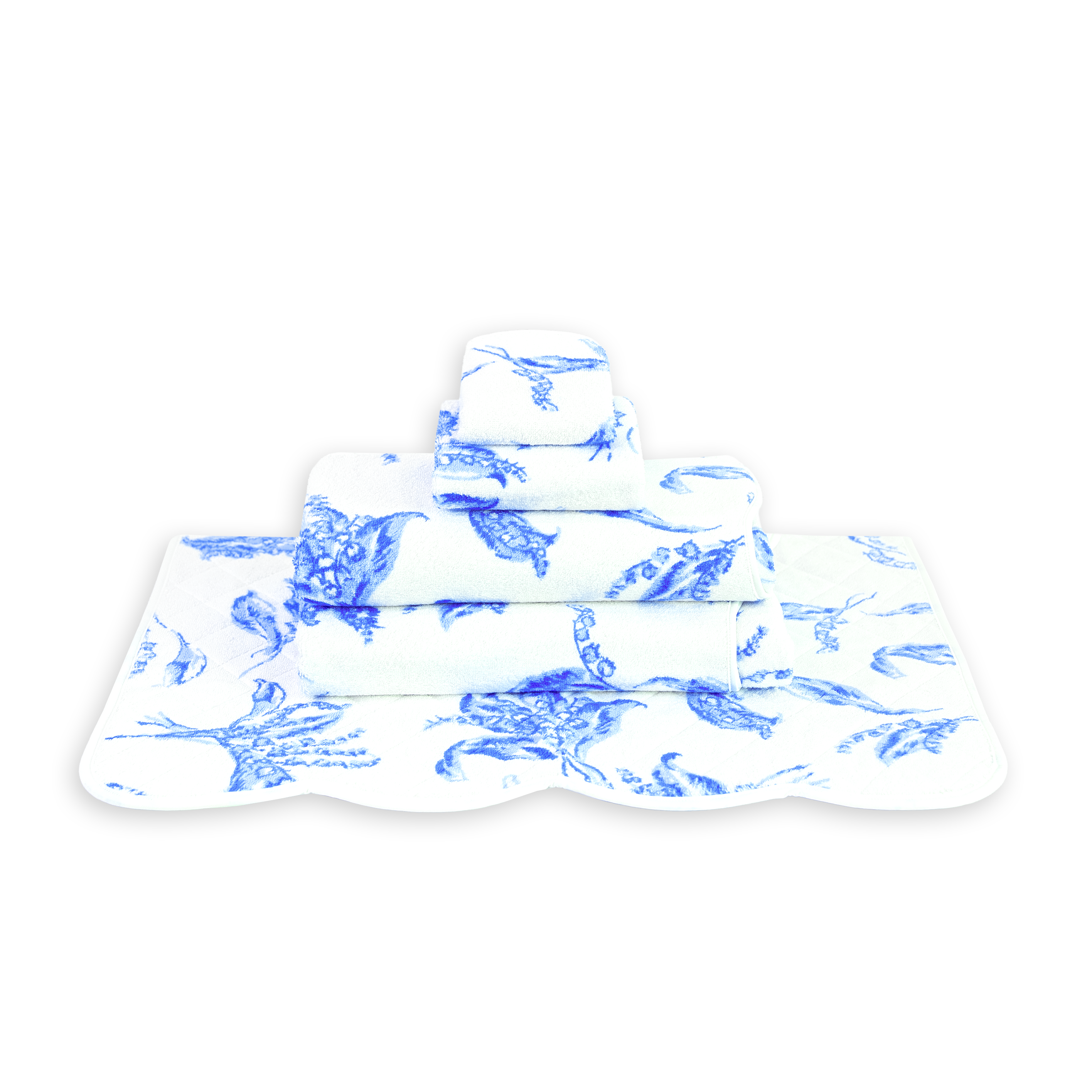Printed blue lily of the valleys, Muguet print, Folded Towel stack. Showing 1 of each size, from bottom to the top: Bathmat, Bath Sheet, Bath Towel, Hand Towel and Washcloth on a solid white background.