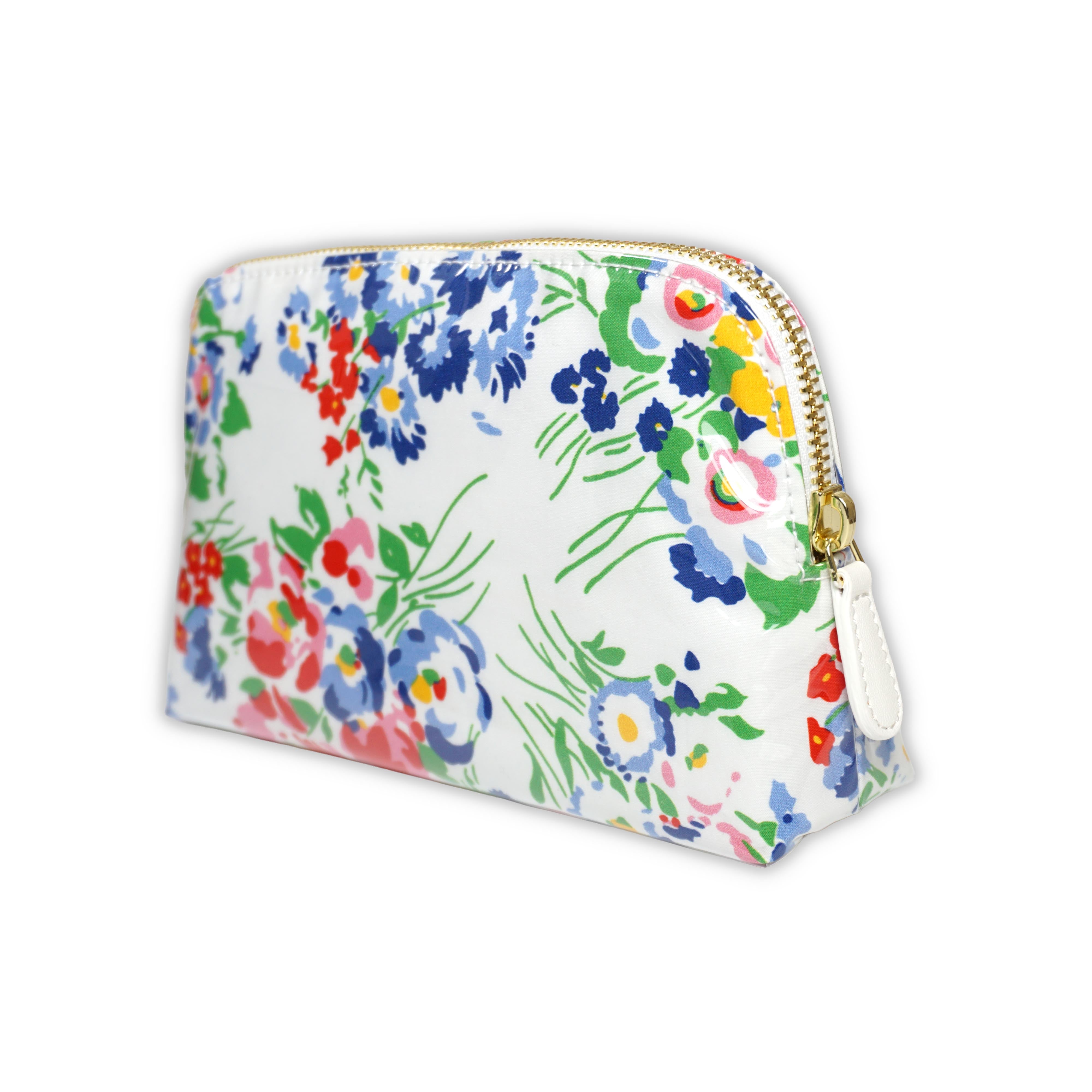 Small cosmetic pouch featuring multi colored floral motifs in New York Mille Fleurs, finished with a gold-tone brass zip closure.