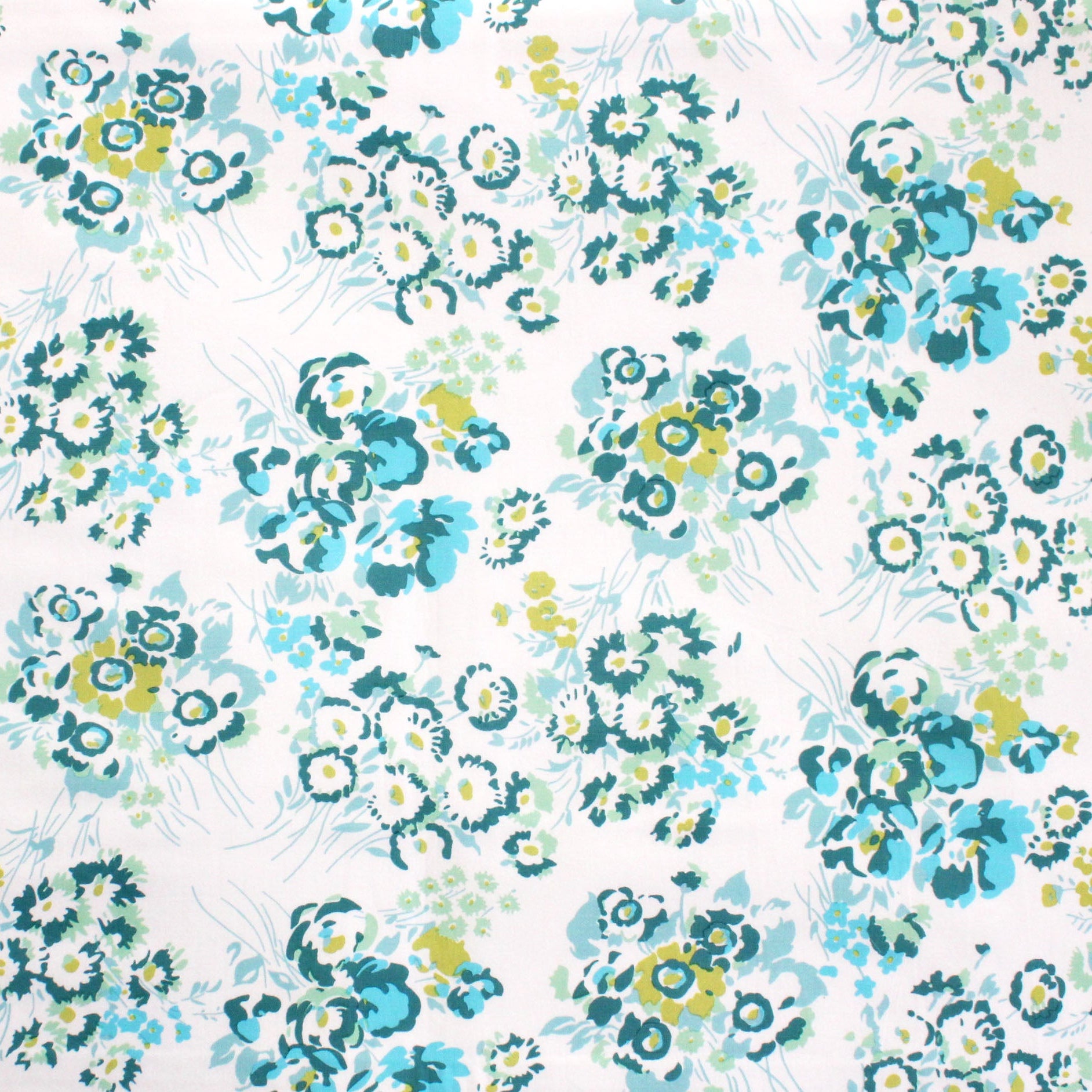 Close up of blue and green florals, New York Mille Fleurs print.