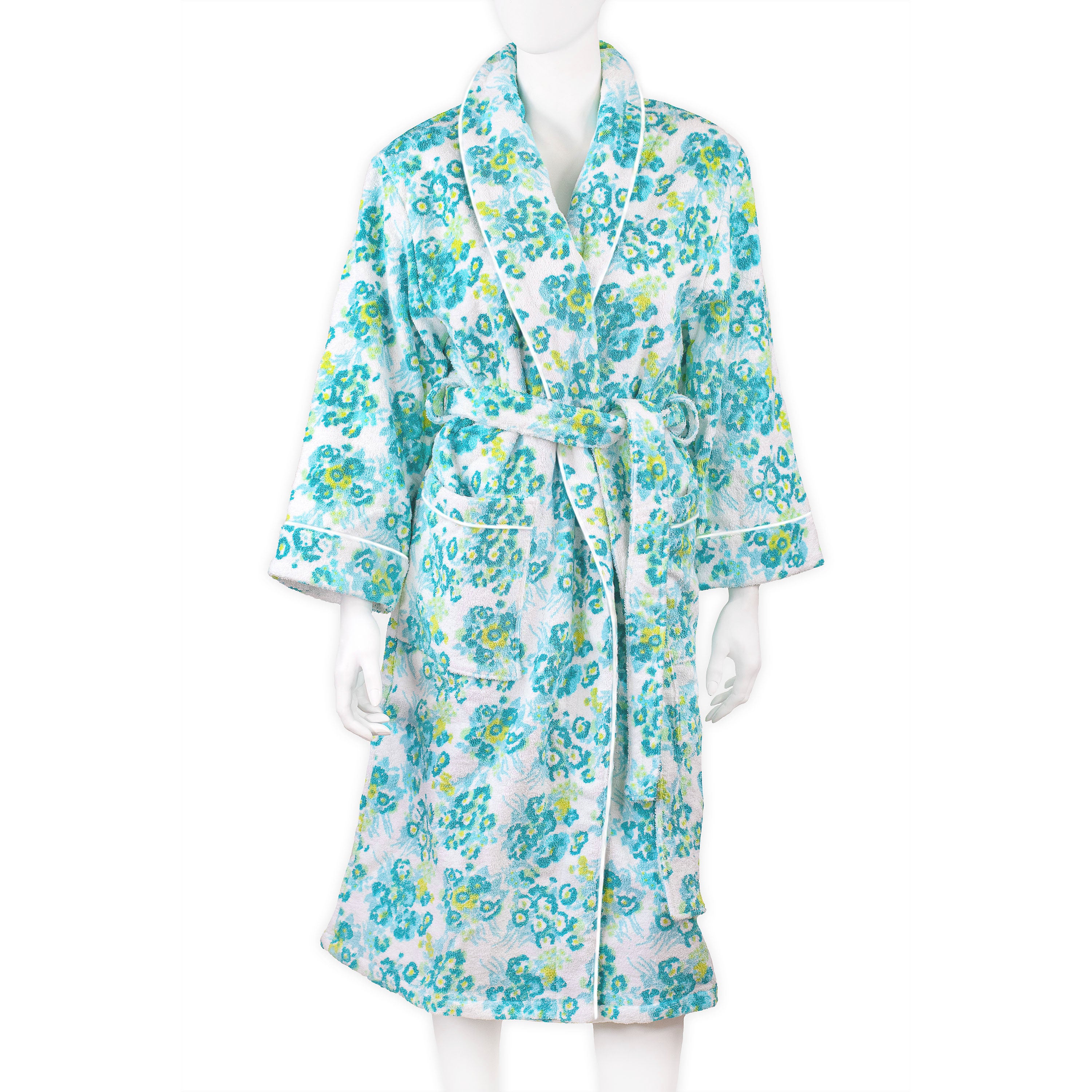 Blue and Green florals on terry robe.  terry loops holding waist tie, front pockets and white bias around the cuffs, pockets, and along the opening/around collar. Displayed on mannequin with a white background.