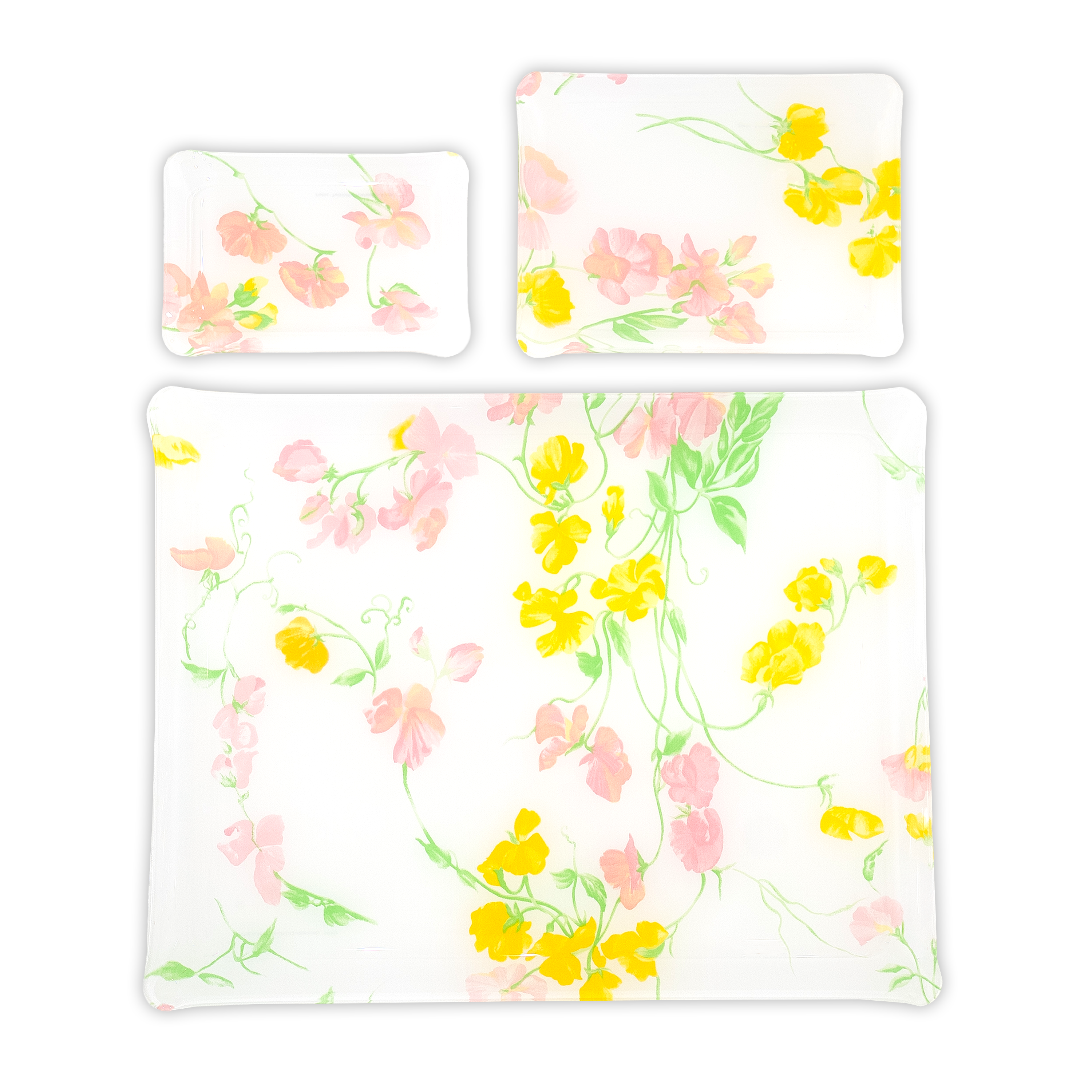 Group image of pink and yellow florals with green leaves/stem print, Pois de Senteur, in 3 Trays sizes: Small, Medium & Large