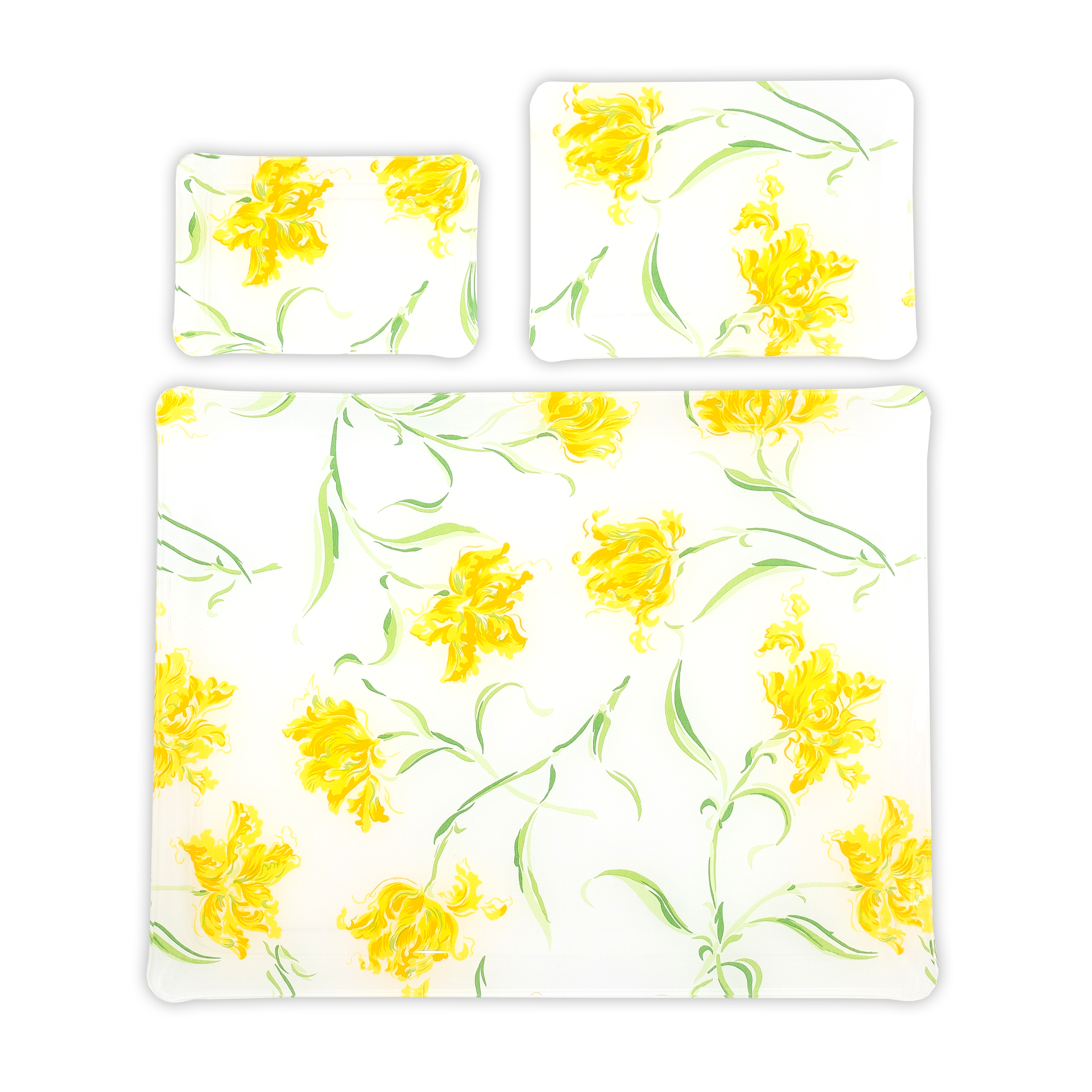 Group image of yellow florals with green leaves/stem print, Tulipe Perroquet, in 3 Trays sizes: Small, Medium & Large