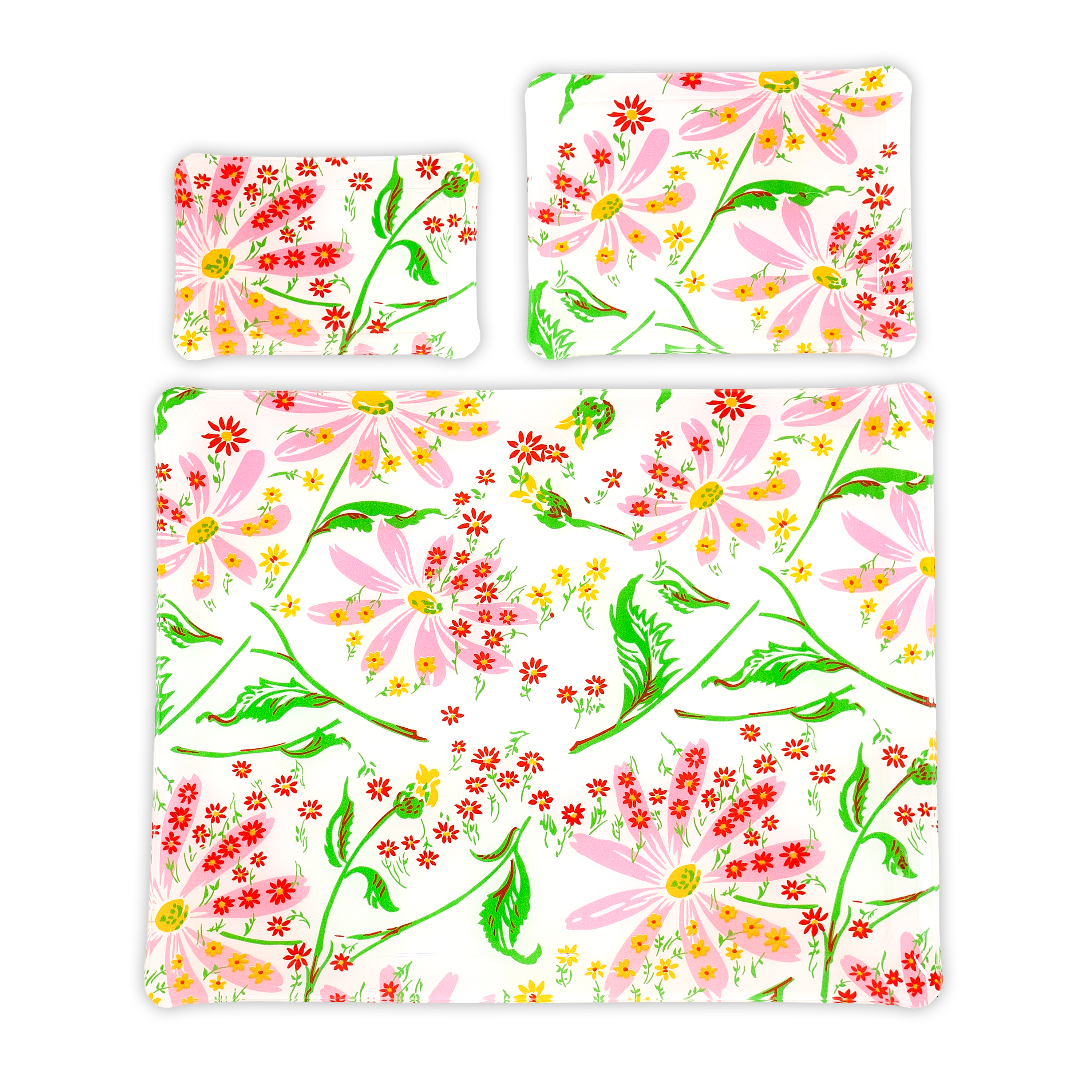 Group image of pink florals, with mini red and yellow florals and green leaves/stems, Marguerites print, in 3 Trays sizes: Small, Medium & Large.
