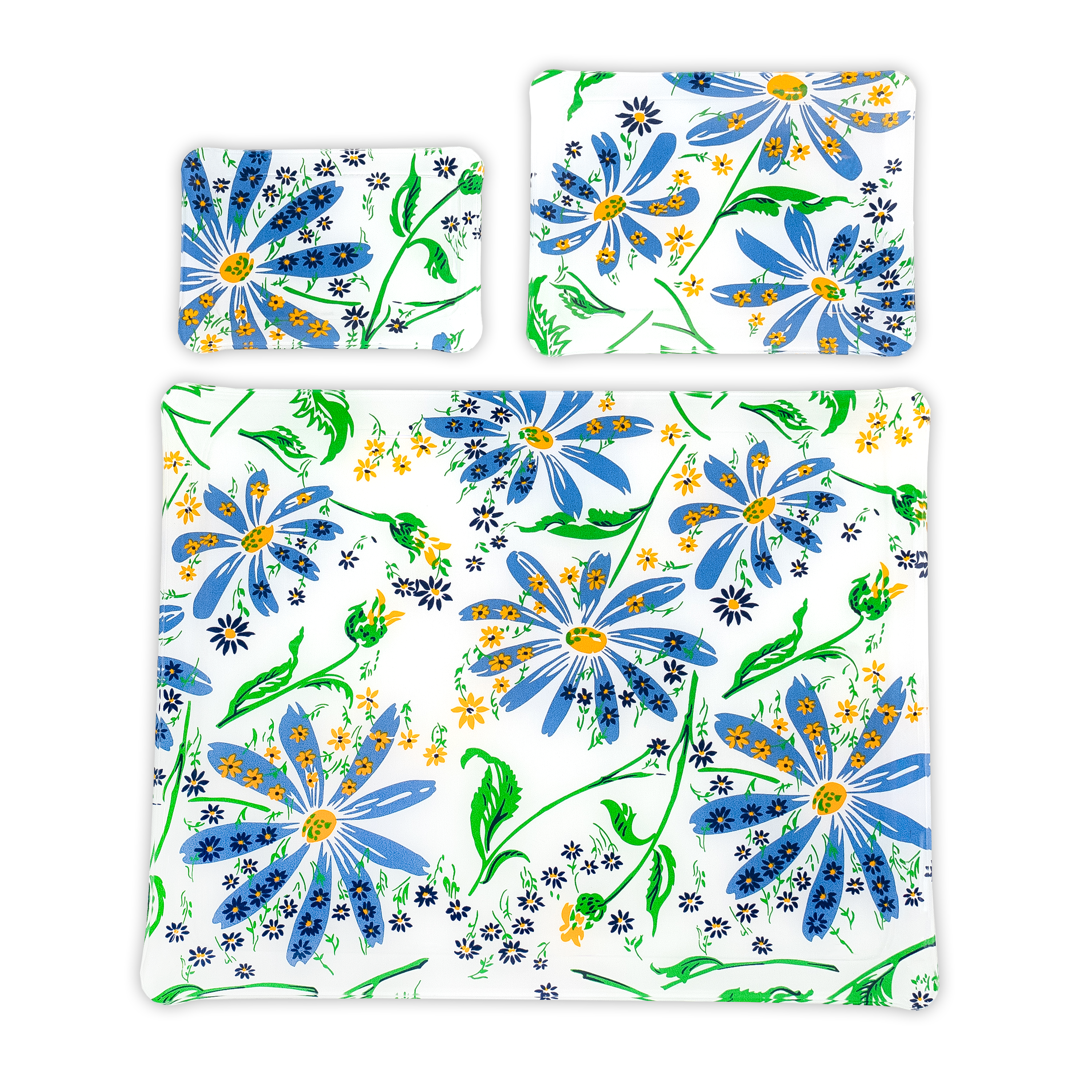 Group image of blue florals, with mini yellow and navy florals and green leaves/stems, Marguerites print, in 3 Trays sizes: Small, Medium & Large.
