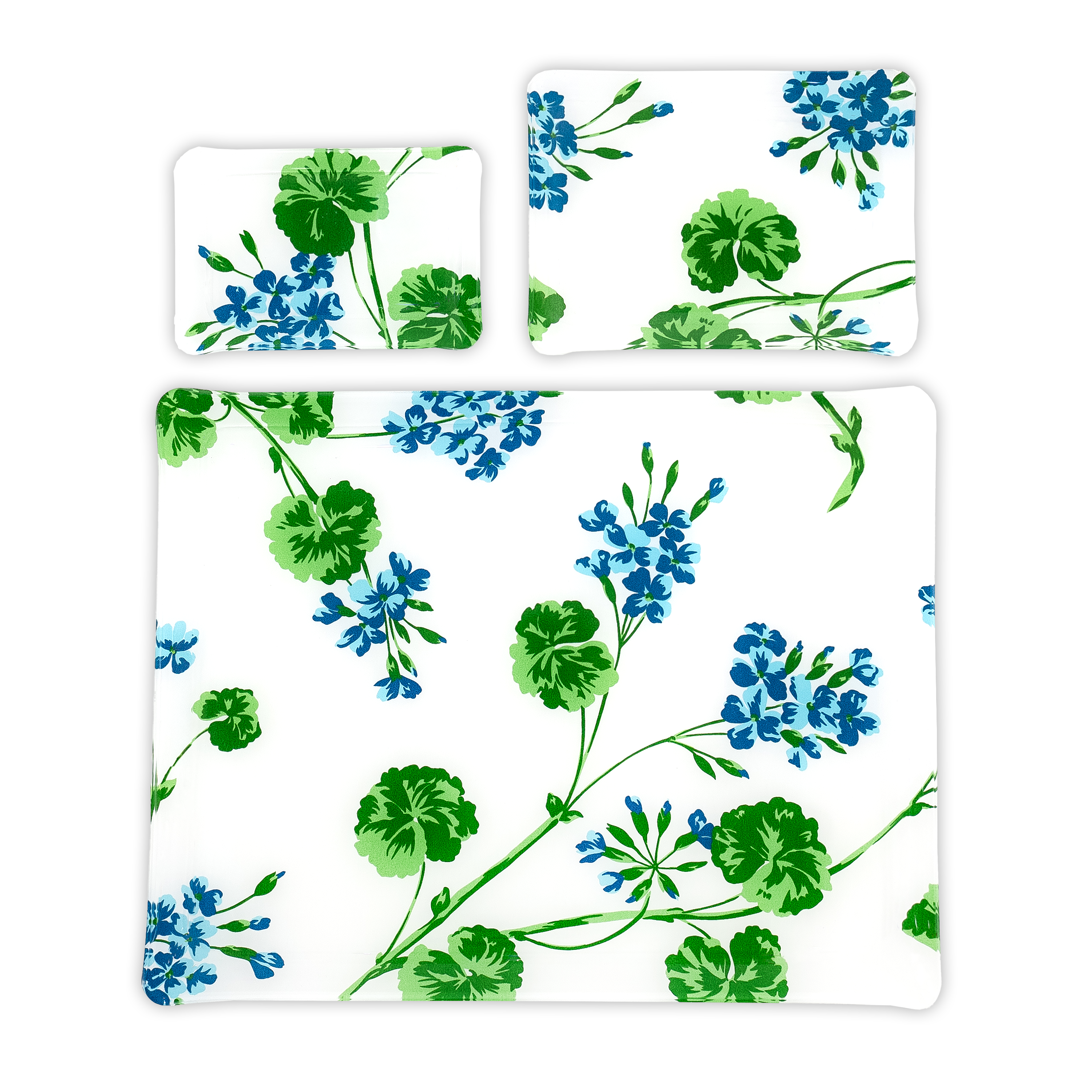 Group image of turquoise florals and green leaves/stems, Geraniums print, in 3 Trays sizes: Small, Medium & Large.