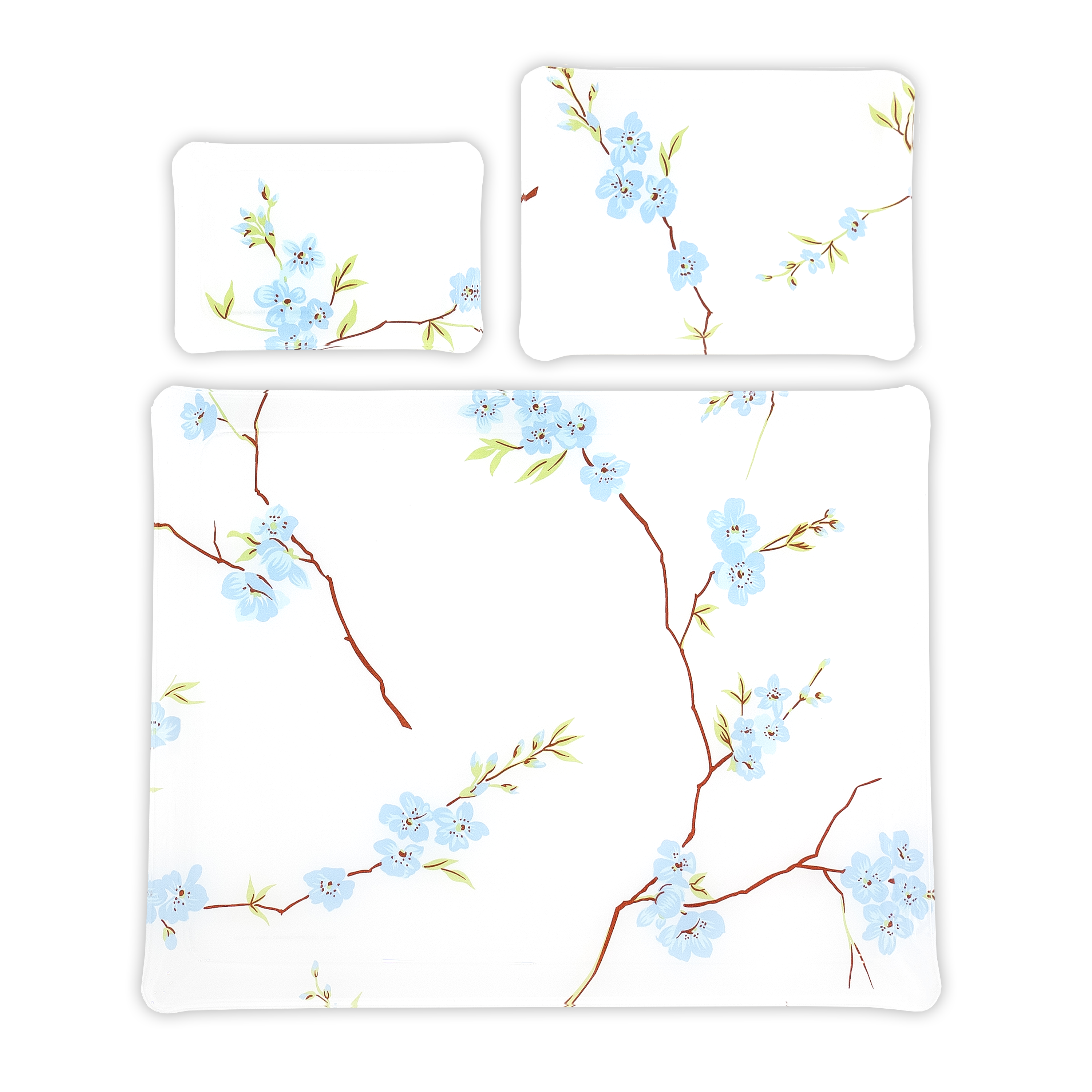 Group image of blue florals, with green leaves and brown stems, Fleurs de Pecher print, in 3 Trays sizes: Small, Medium & Large.