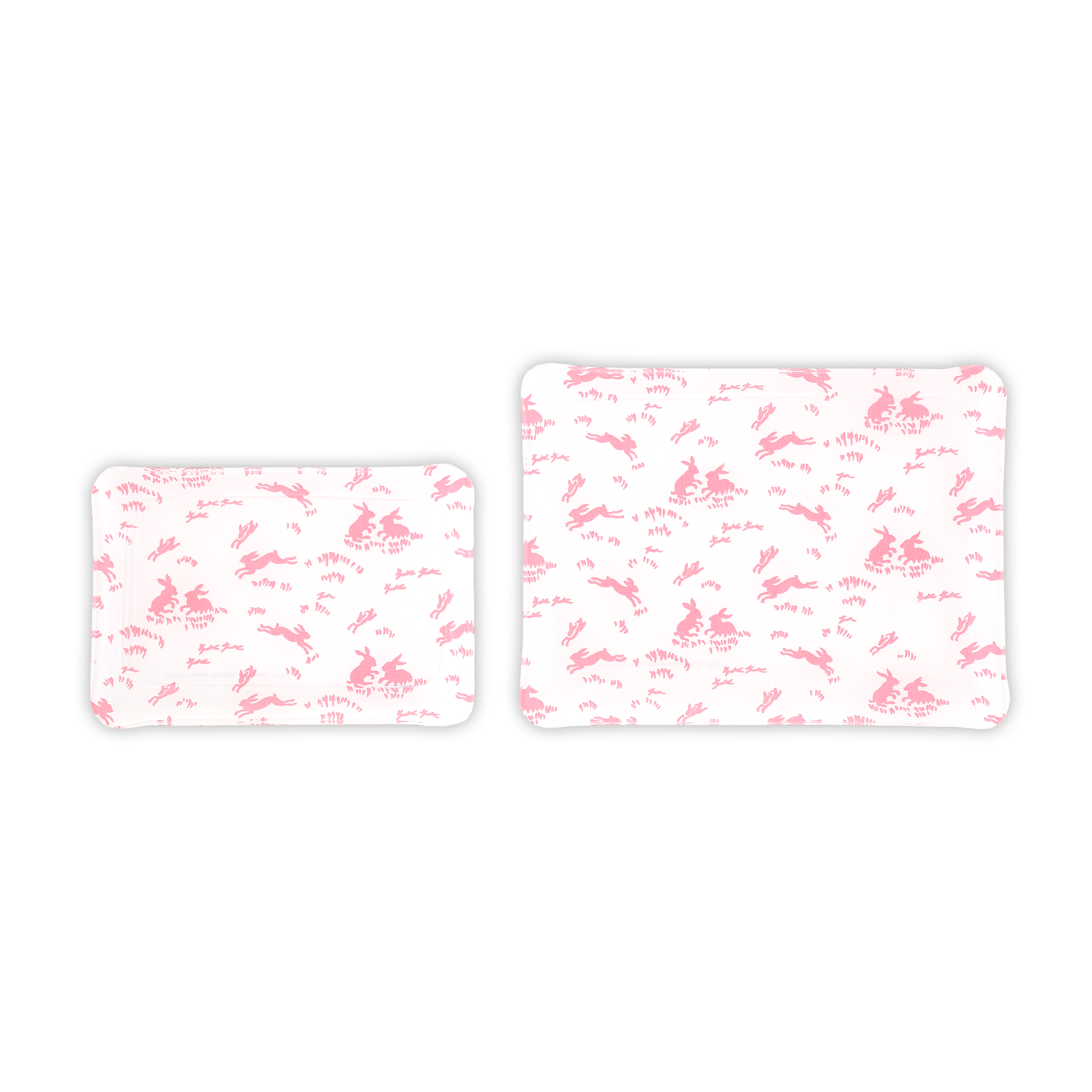 Group image of pink bunnies, Lapins print, in 2 Trays sizes: Small, & Medium.