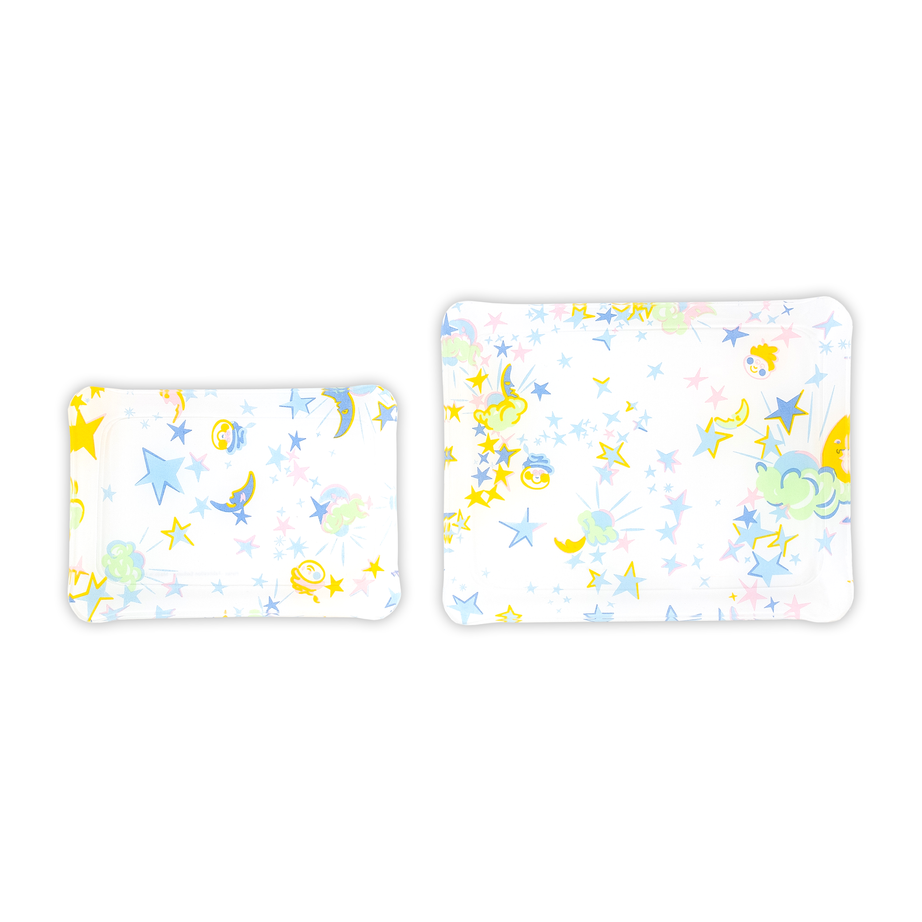 Group image of moons, stars and clouds in pink, blue, yellow and green. In 2 Trays sizes: Small, & Medium.