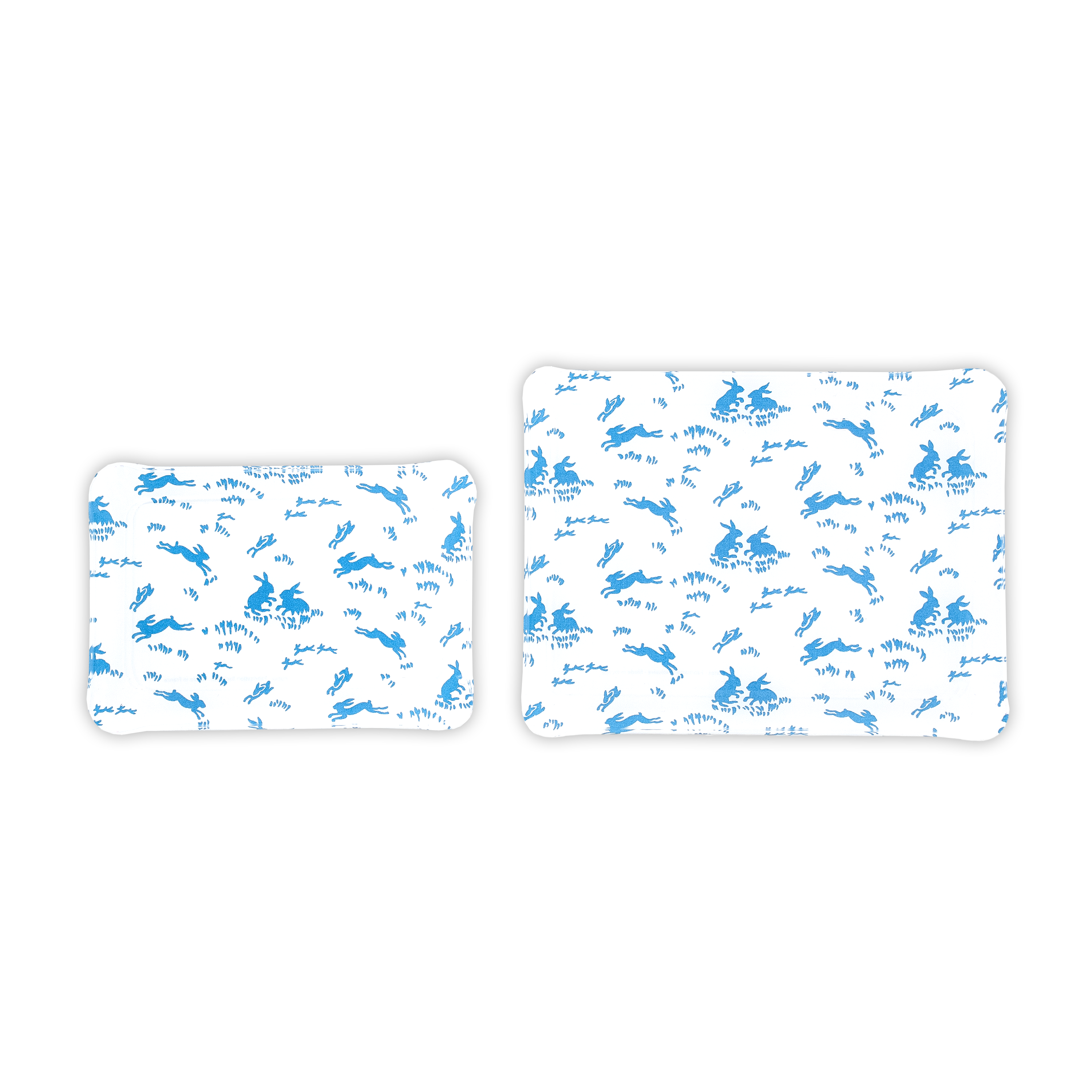 Group image of blue bunnies, Lapins print, in 2 Trays sizes: Small, & Medium.