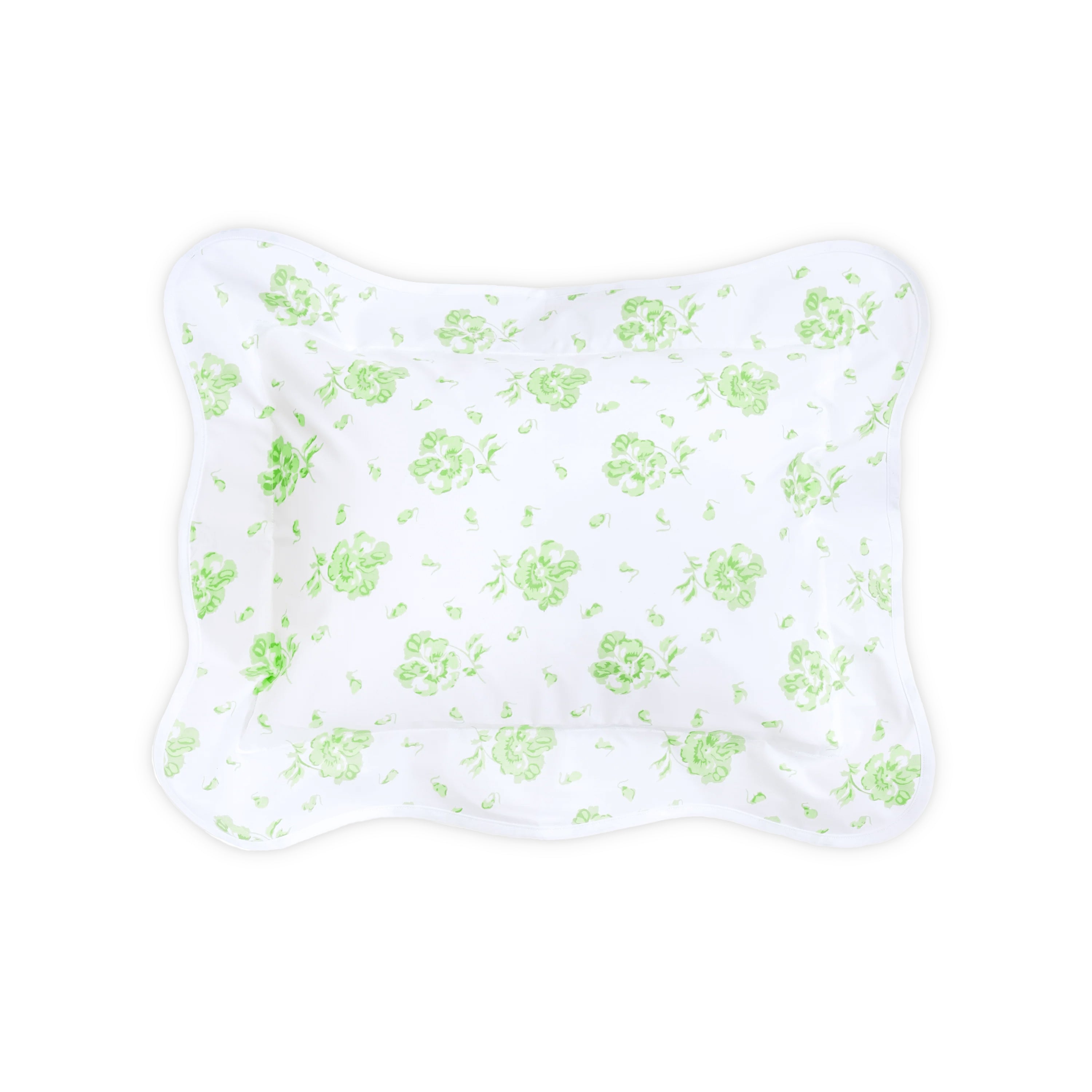 Printed soft green florals on boudoir sham with white wavy bias. Shown on a white background.