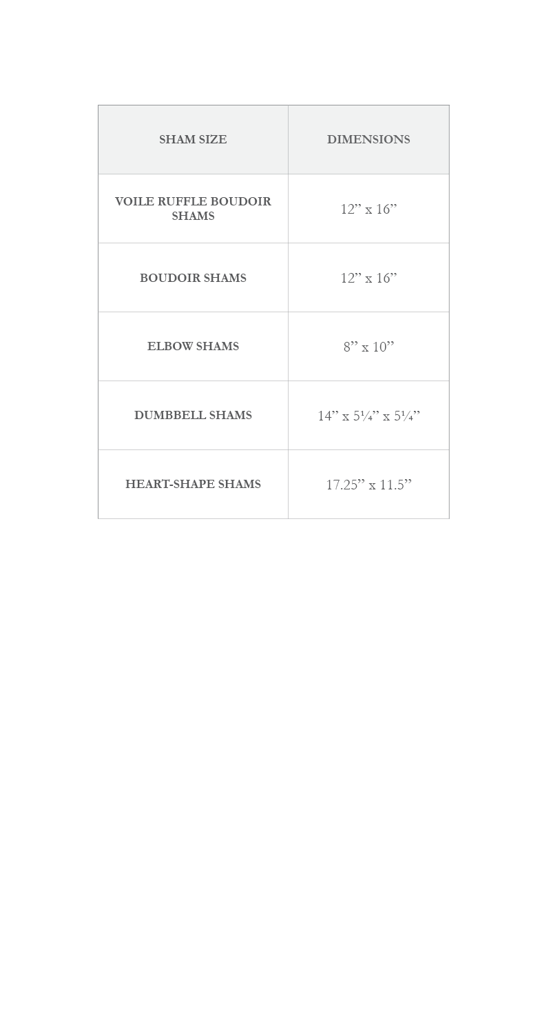 Size chart for petite shams