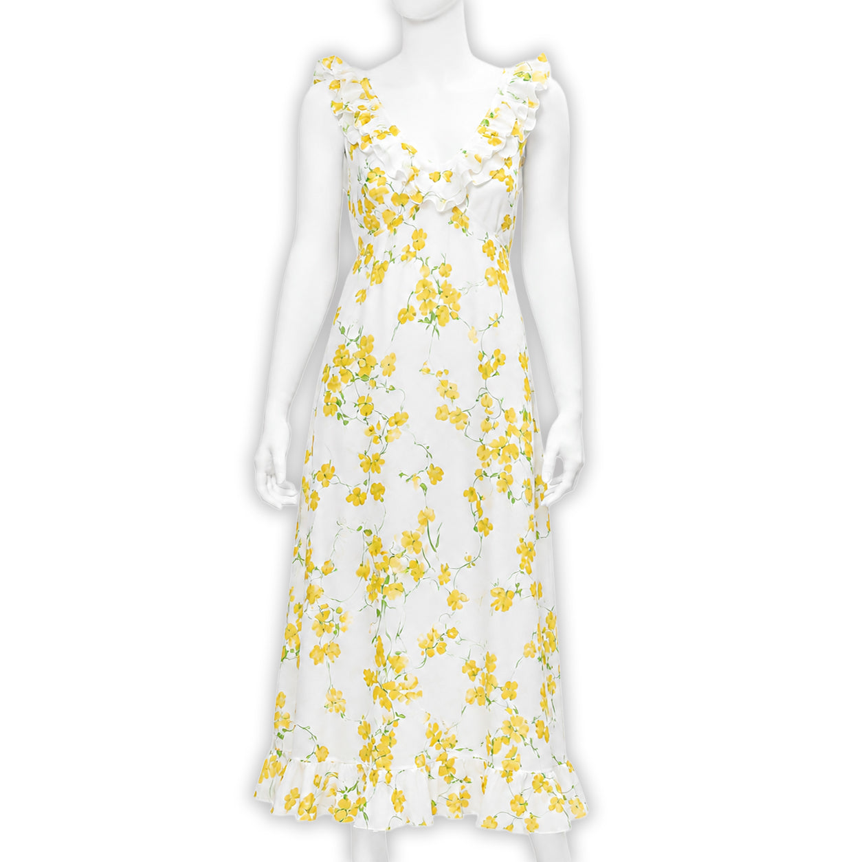 Yellow florals, sweet pea,  long nightgown, bias cut printed cotton voile with tie and V-neck ruffle in the front and back. Displayed on mannequin with a white background.