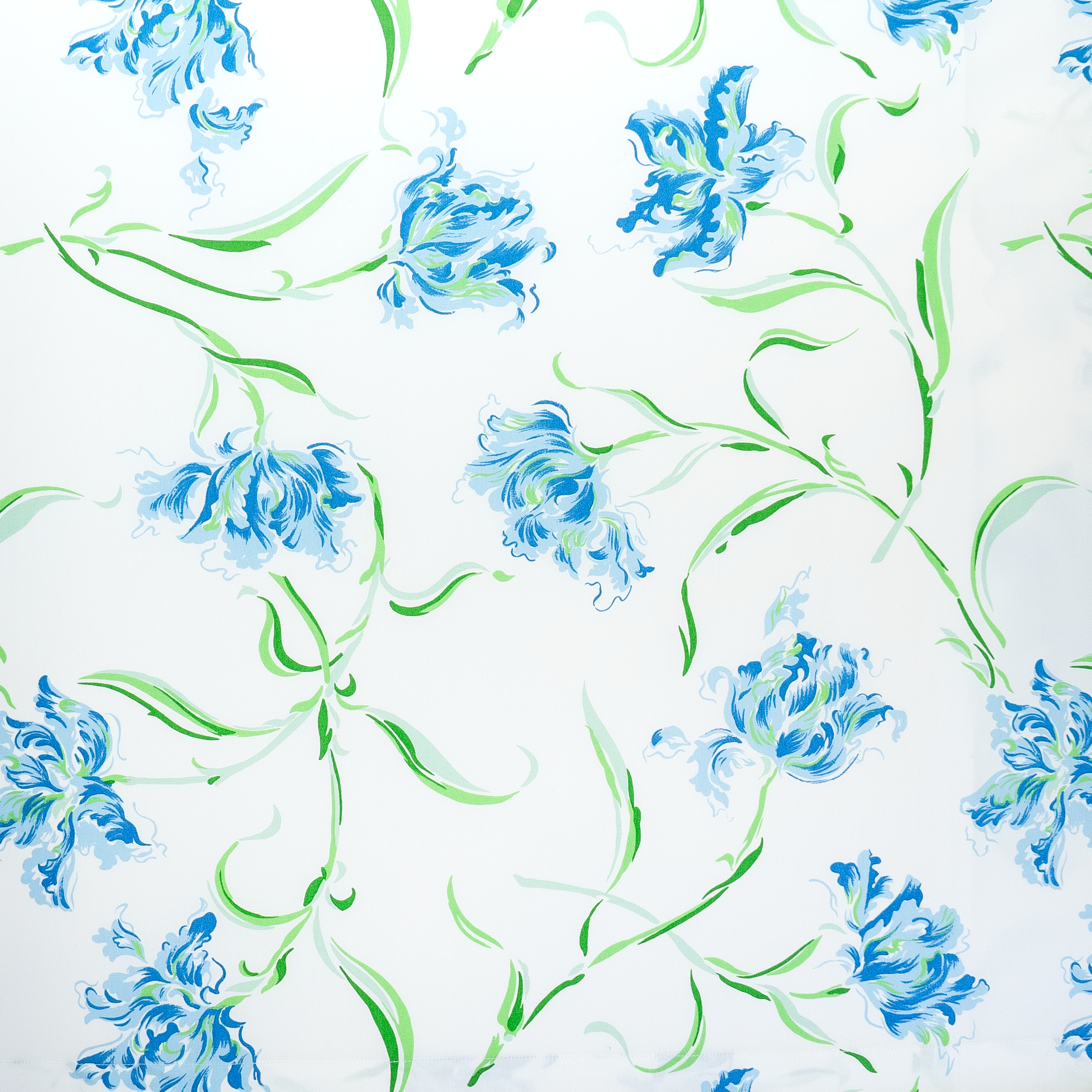 Close up of blue floral with green leaves and stems, Tulipe Perroquet print.