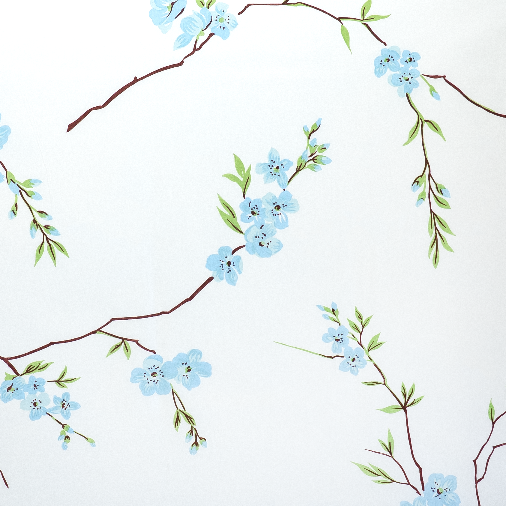 Close up of blue floral with green leaves and brown stems, Fleurs de Pecher print.