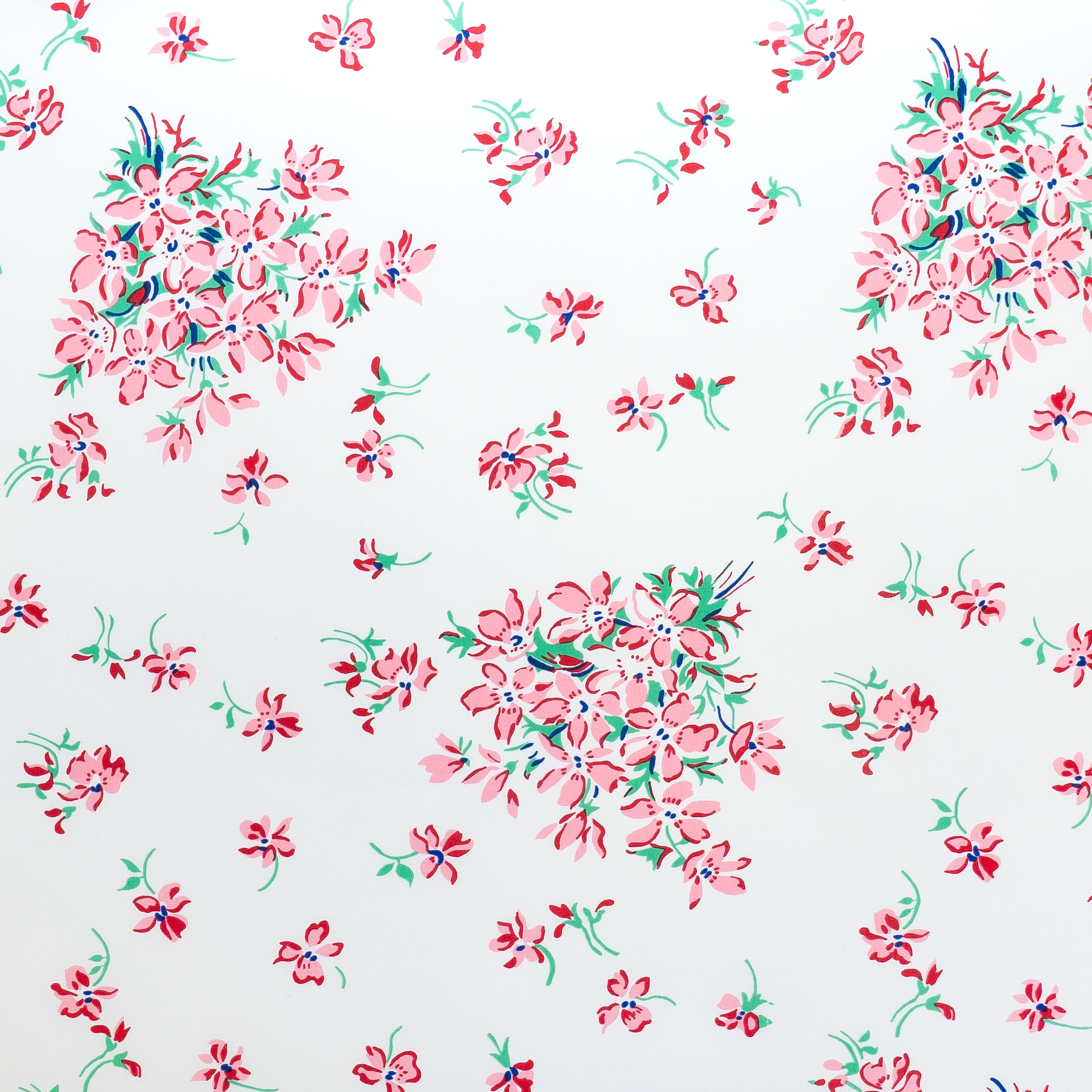 Close up of Pink floral with red center and green leaves, Violettes print.