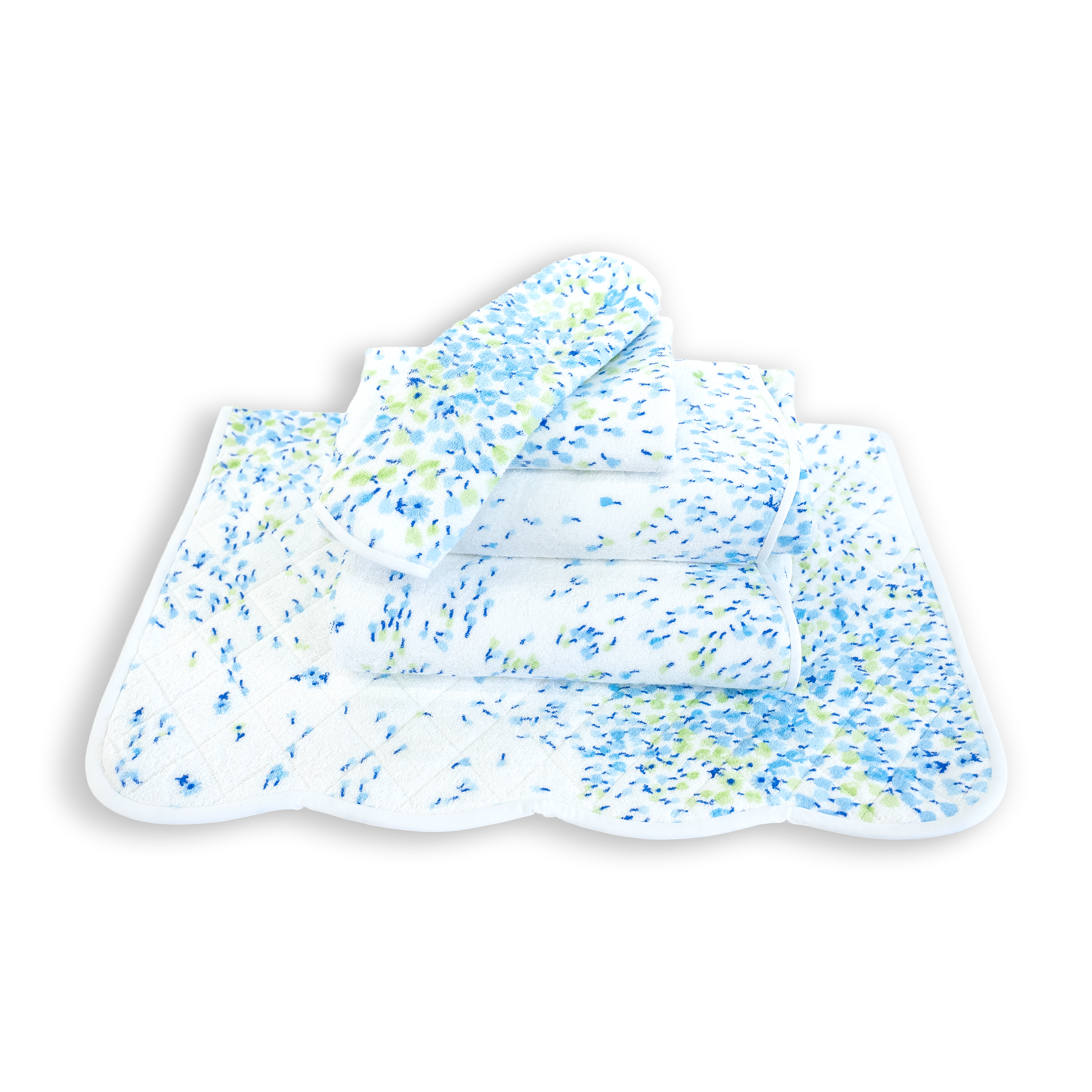 Towel stack of blue and green floral print, Bouquet Eclate