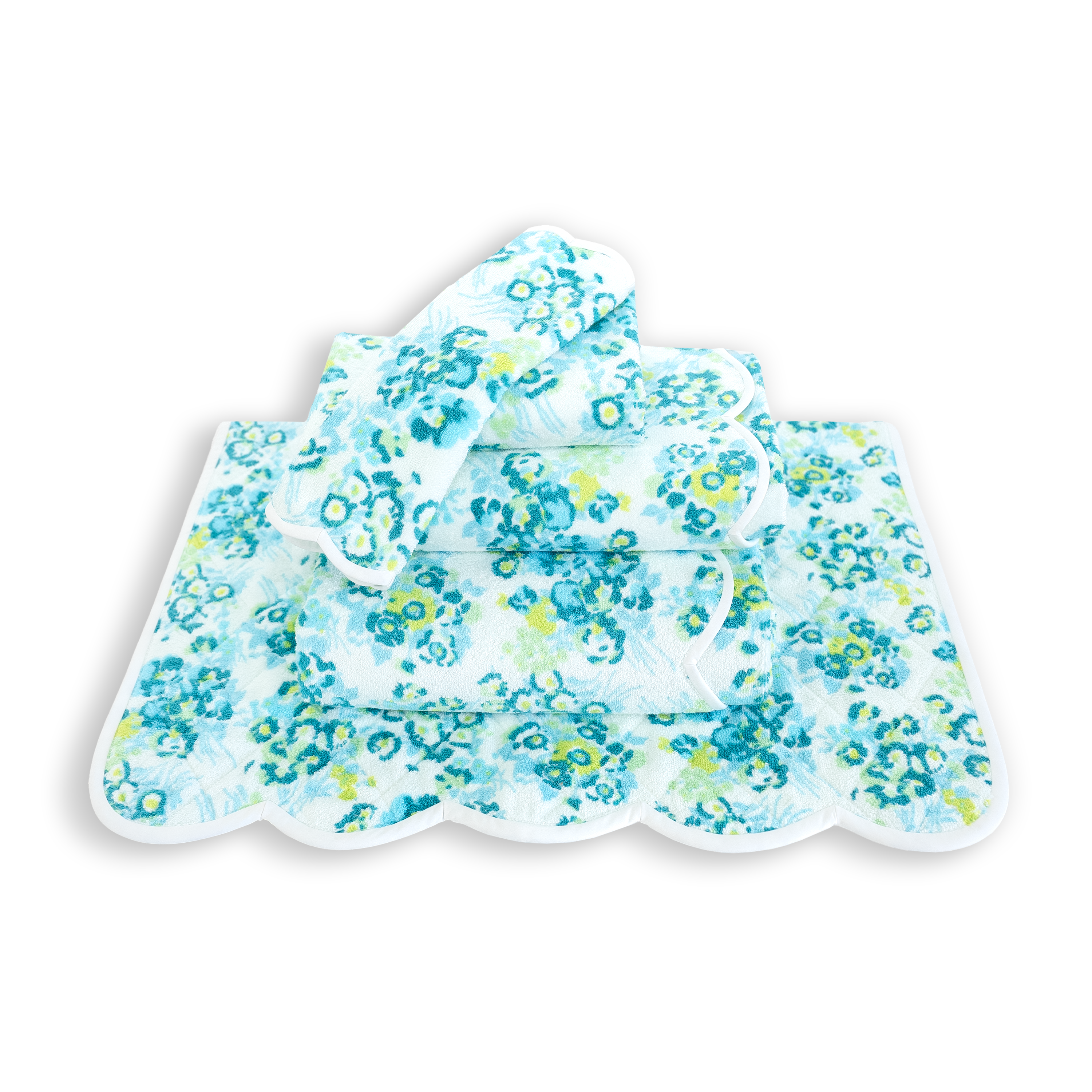 Towel stack of blue and green floral print, new york mille fleurs