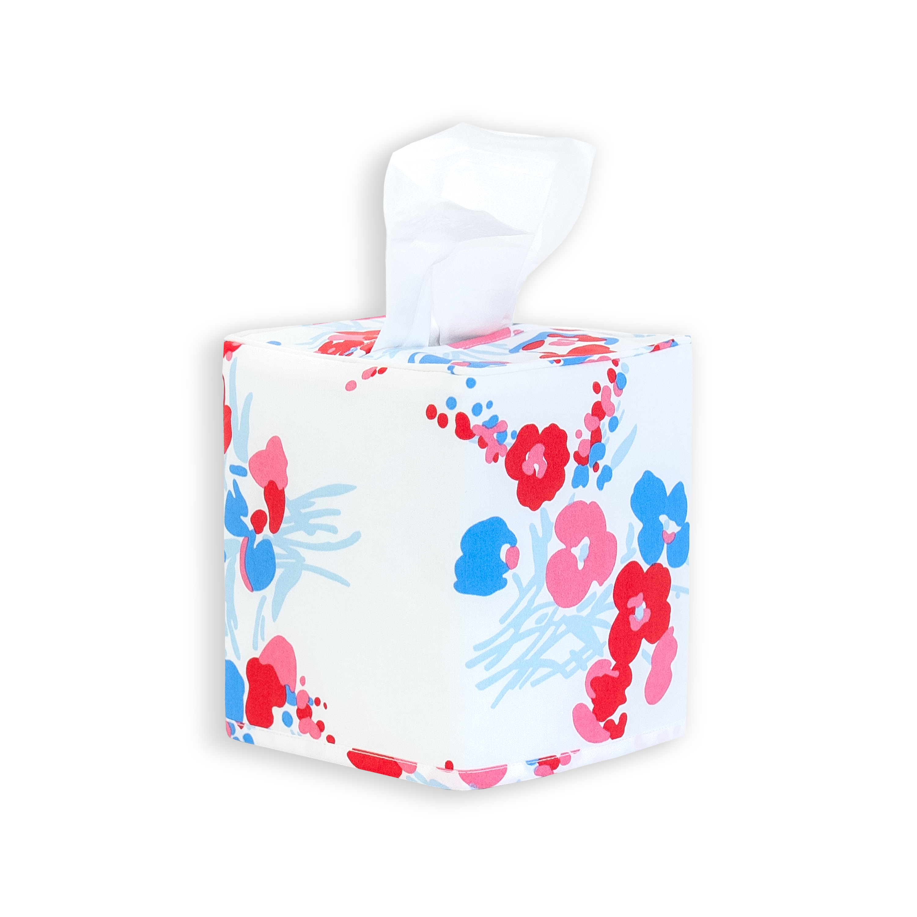 Red and blue florals, demoiselles print on a standard square tissue box cover with a white background