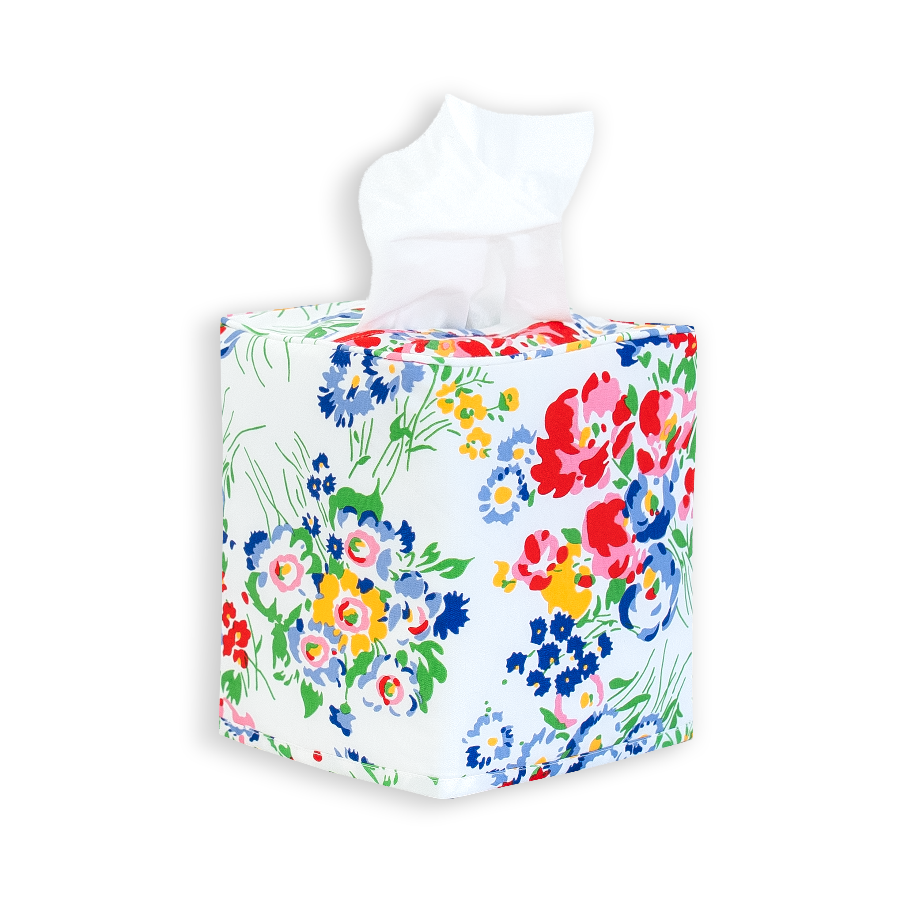 Multi color floral, New York Mille Fleurs print on a standard square tissue box cover with a white background