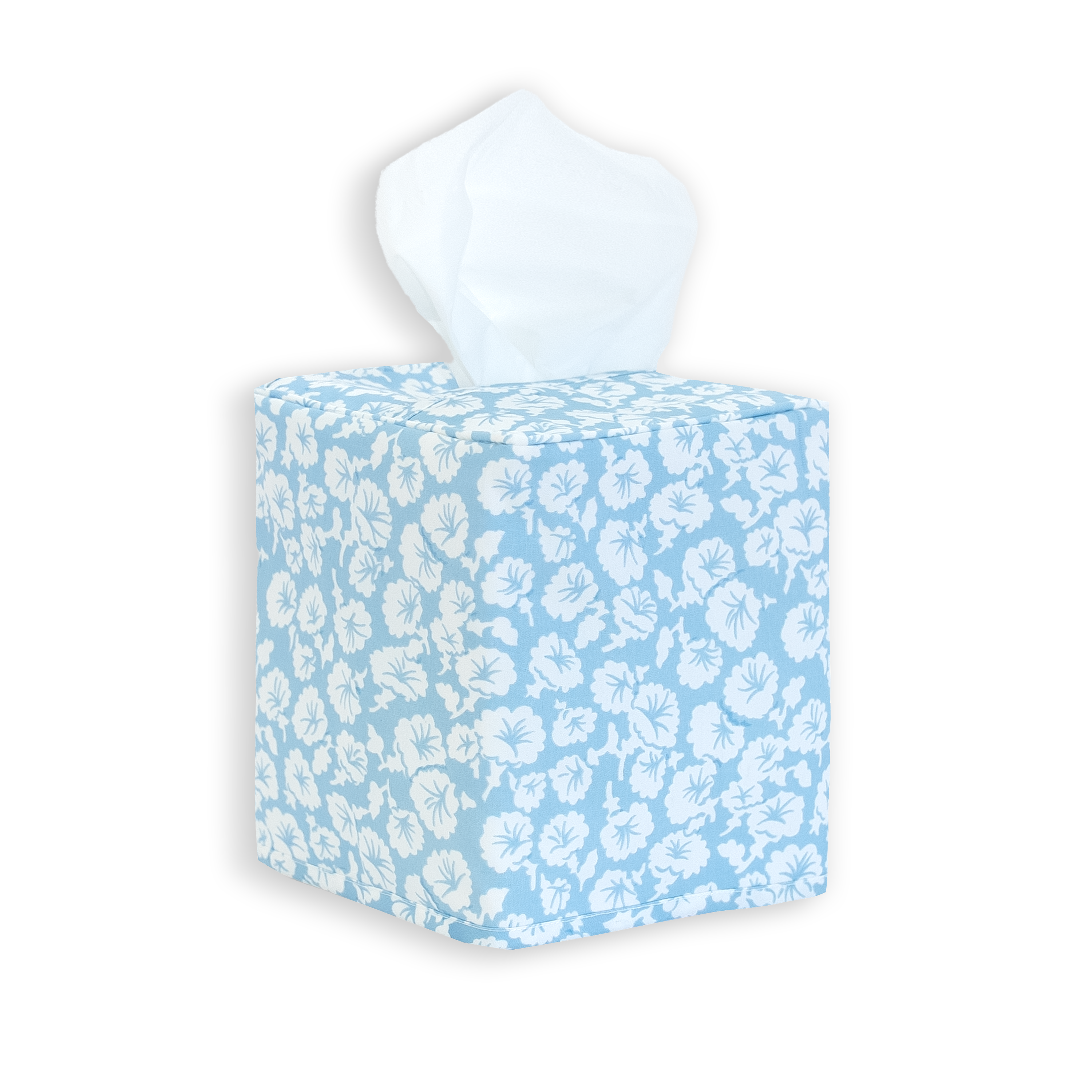 White florals on blue, liserons print on a standard square tissue box cover with a white background