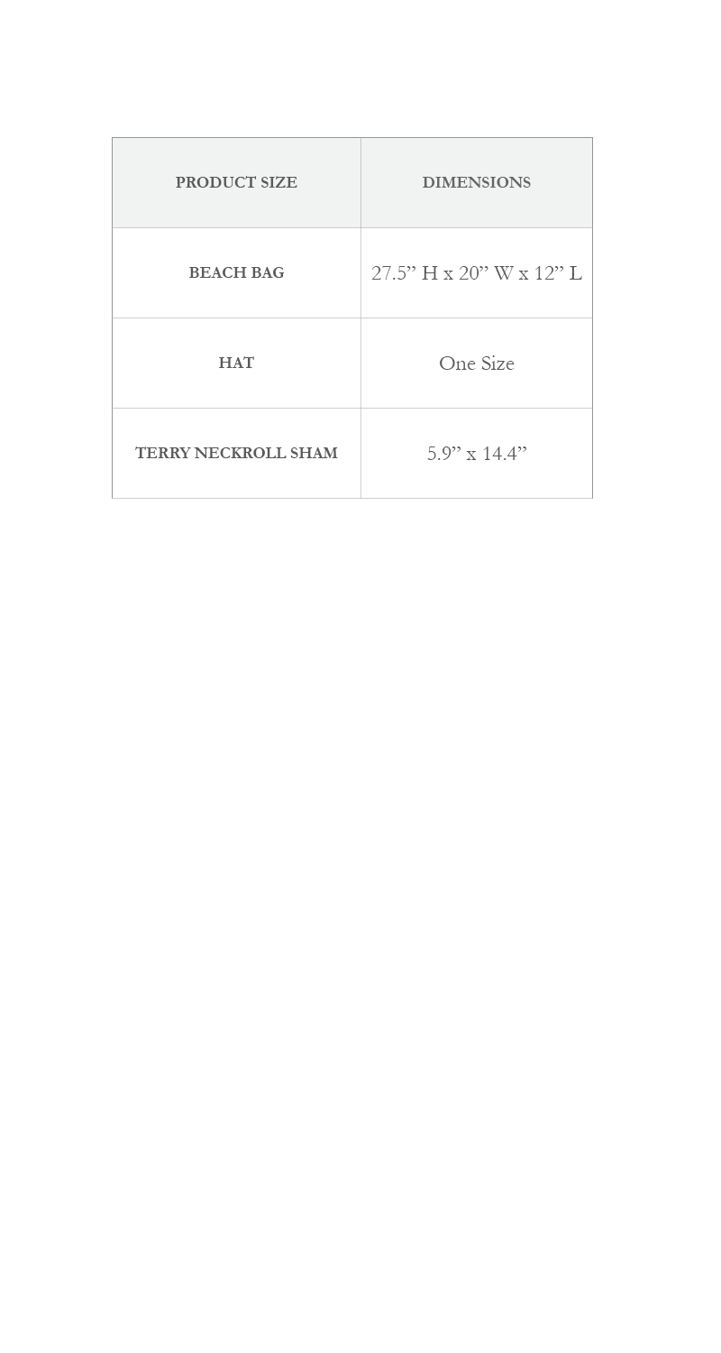 Size chart for beach accessories