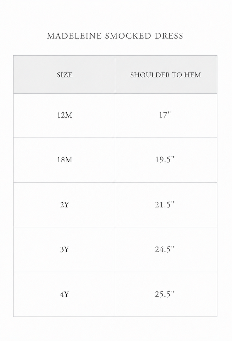 Size chart for Madeleine dress