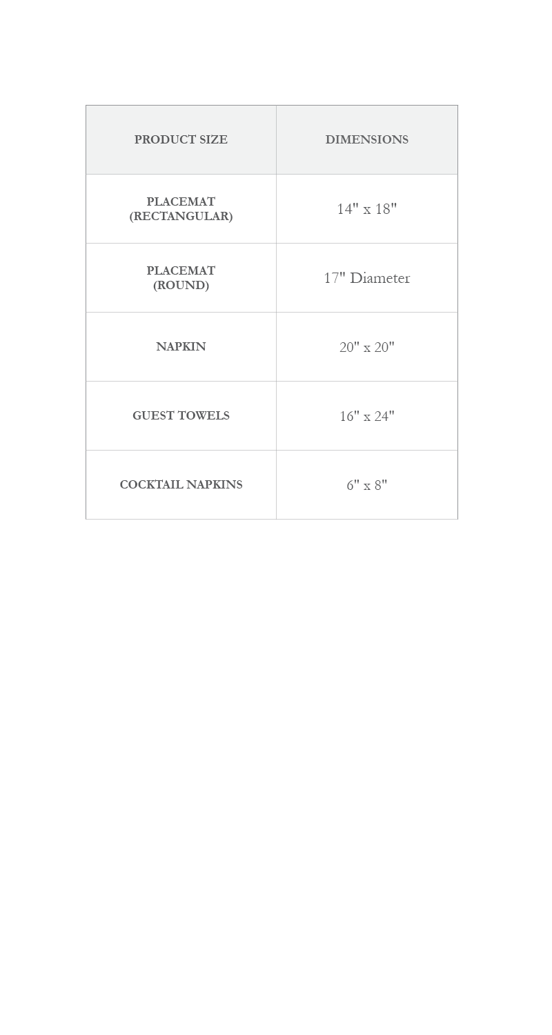 Size chart for tabletop