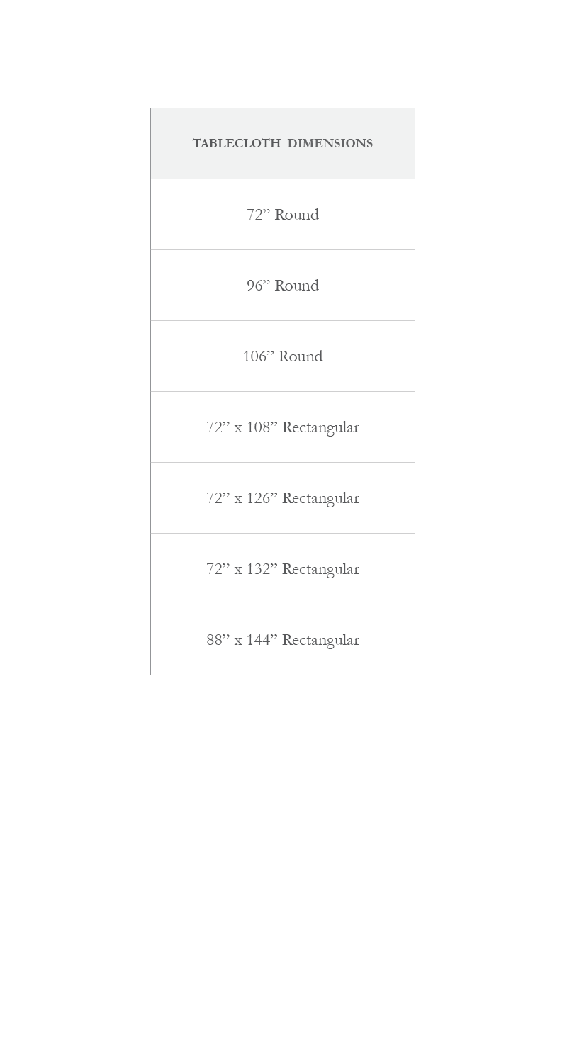 Size chart for tablecloths
