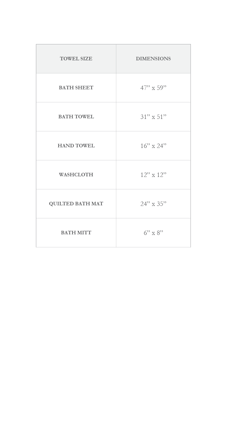 Size chart for towels