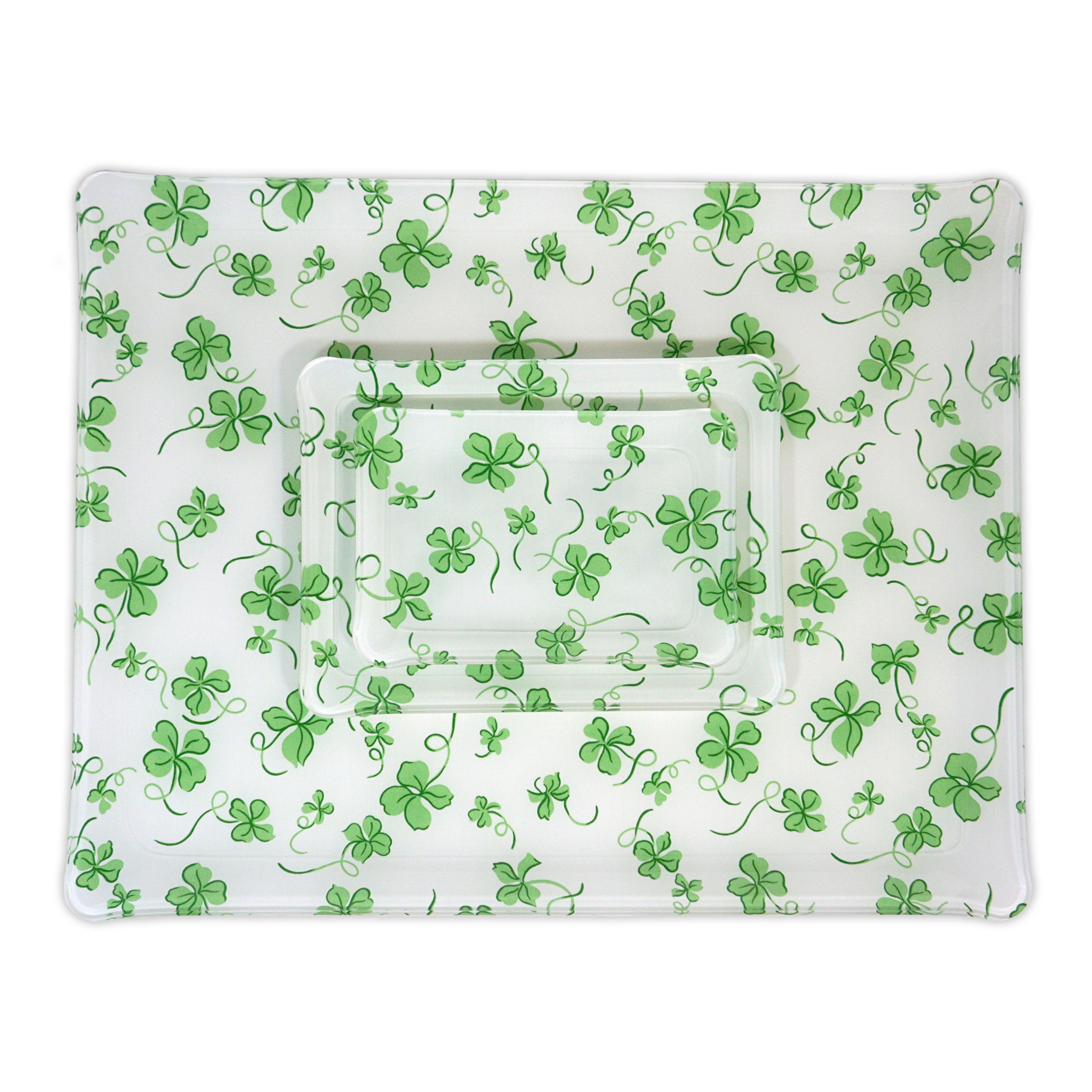 Printed Laminated Trays, group of all 3 trays, top to bottom: small, medium and large. Each tray in green clovers, Trefles print.